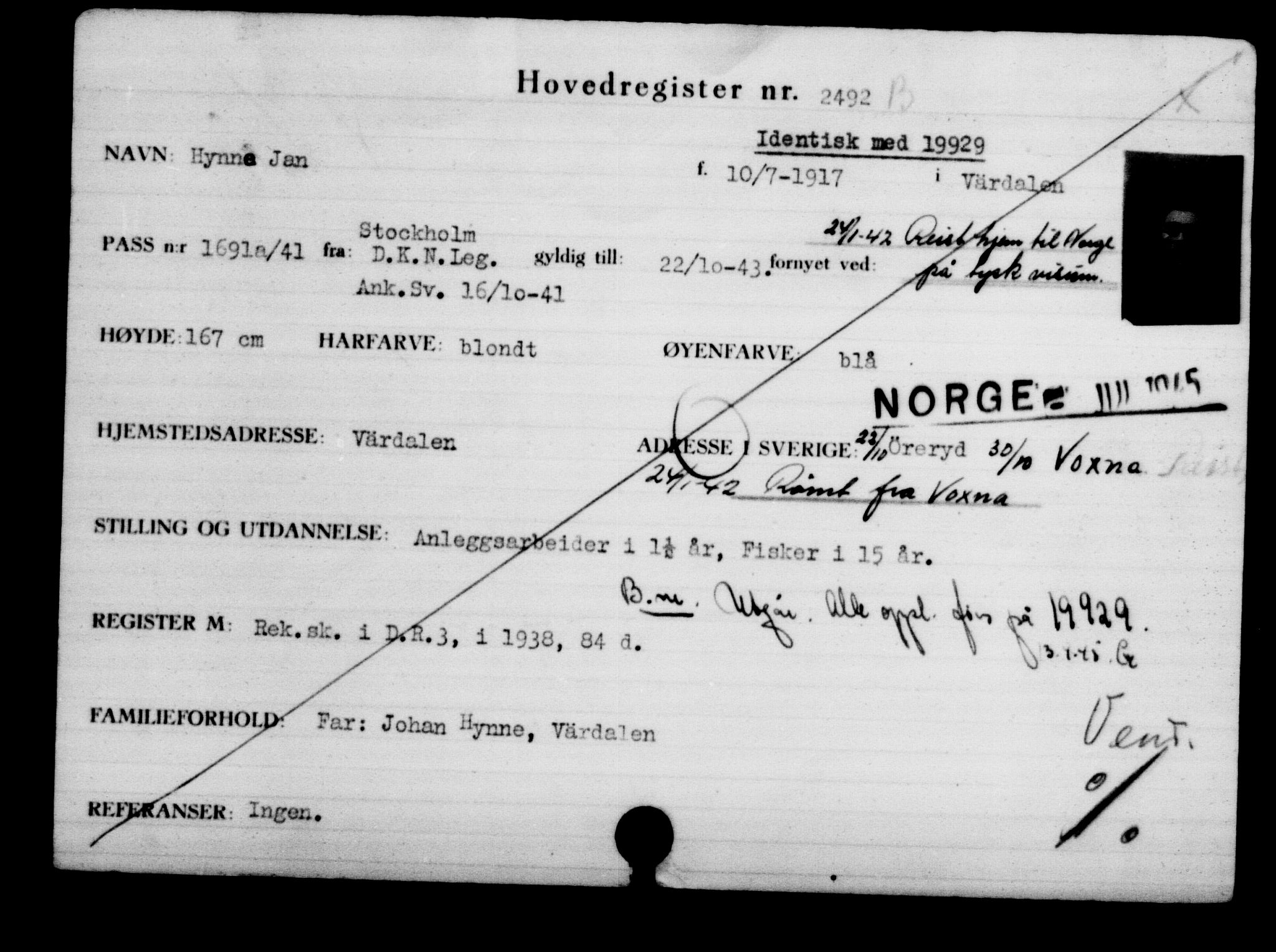 Utenriksstasjonene, Legasjonen i Stockholm, Flyktningkontoret, AV/RA-S-6753/V/Va/L0003: Kjesäterkartoteket, flyktninger med registreringsnr. 2001-3495, 1940-1945, p. 828