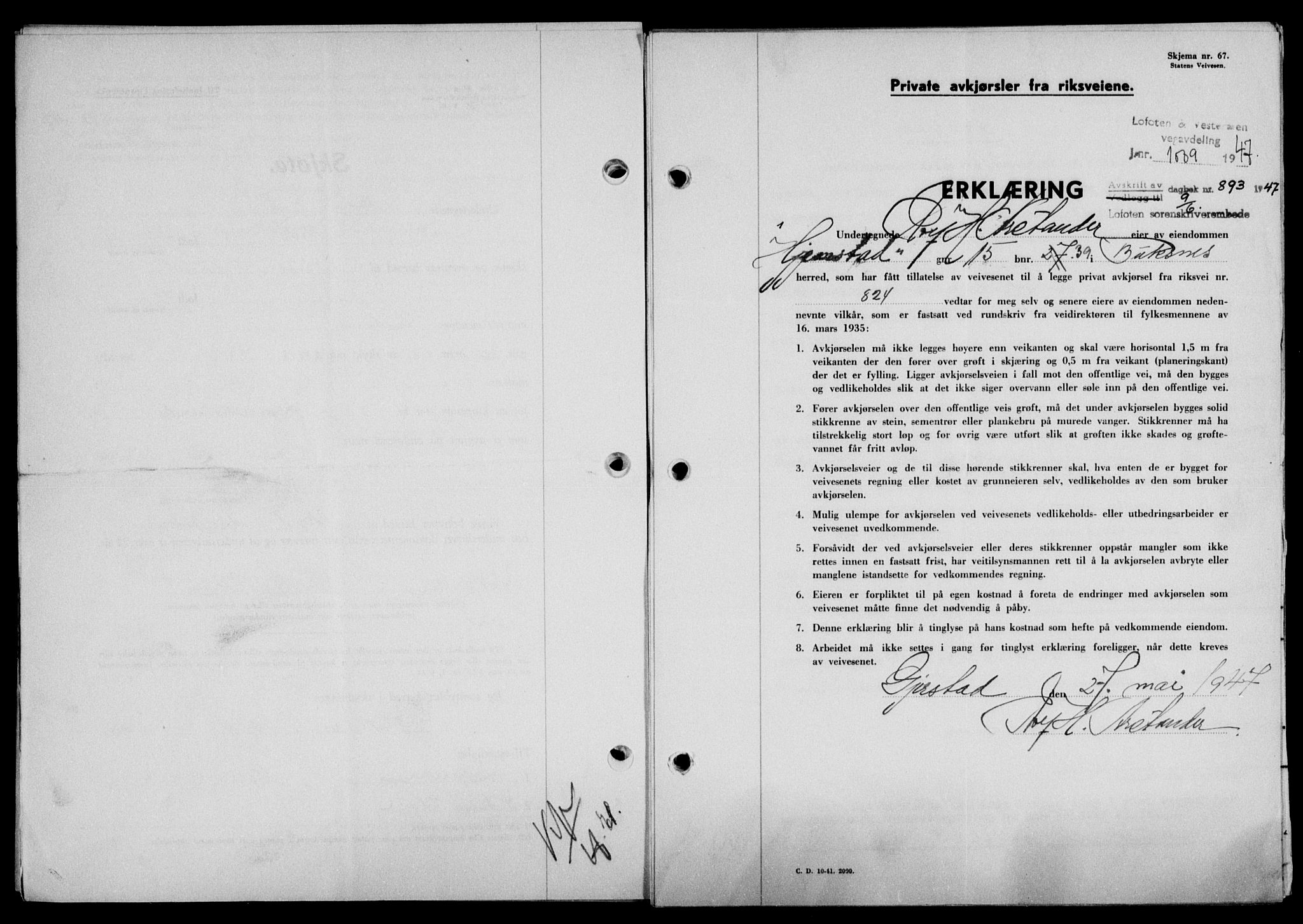 Lofoten sorenskriveri, SAT/A-0017/1/2/2C/L0016a: Mortgage book no. 16a, 1947-1947, Diary no: : 893/1947
