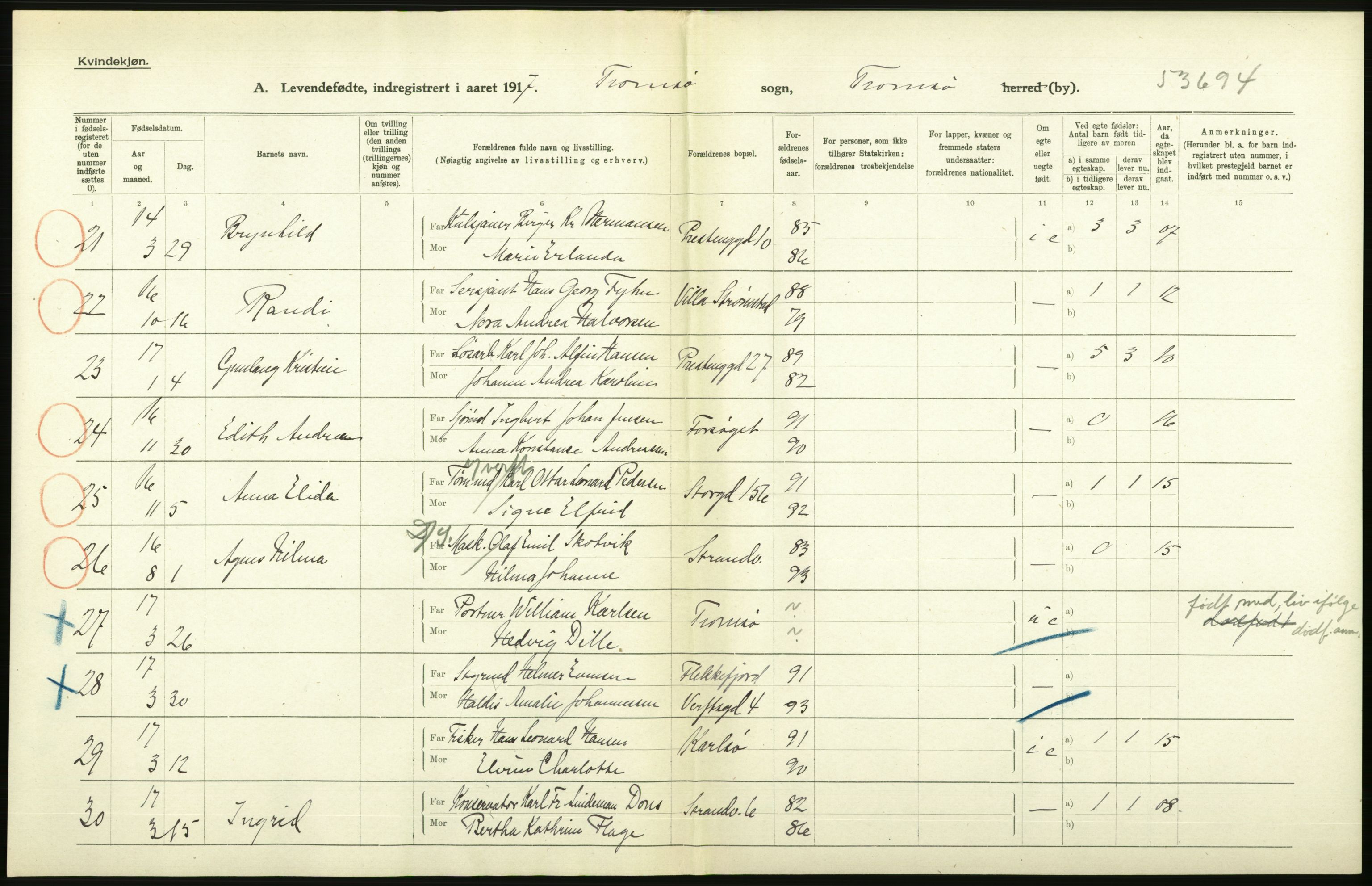 Statistisk sentralbyrå, Sosiodemografiske emner, Befolkning, AV/RA-S-2228/D/Df/Dfb/Dfbg/L0053: Tromsø amt: Levendefødte menn og kvinner. Bygder og byer., 1917, p. 8