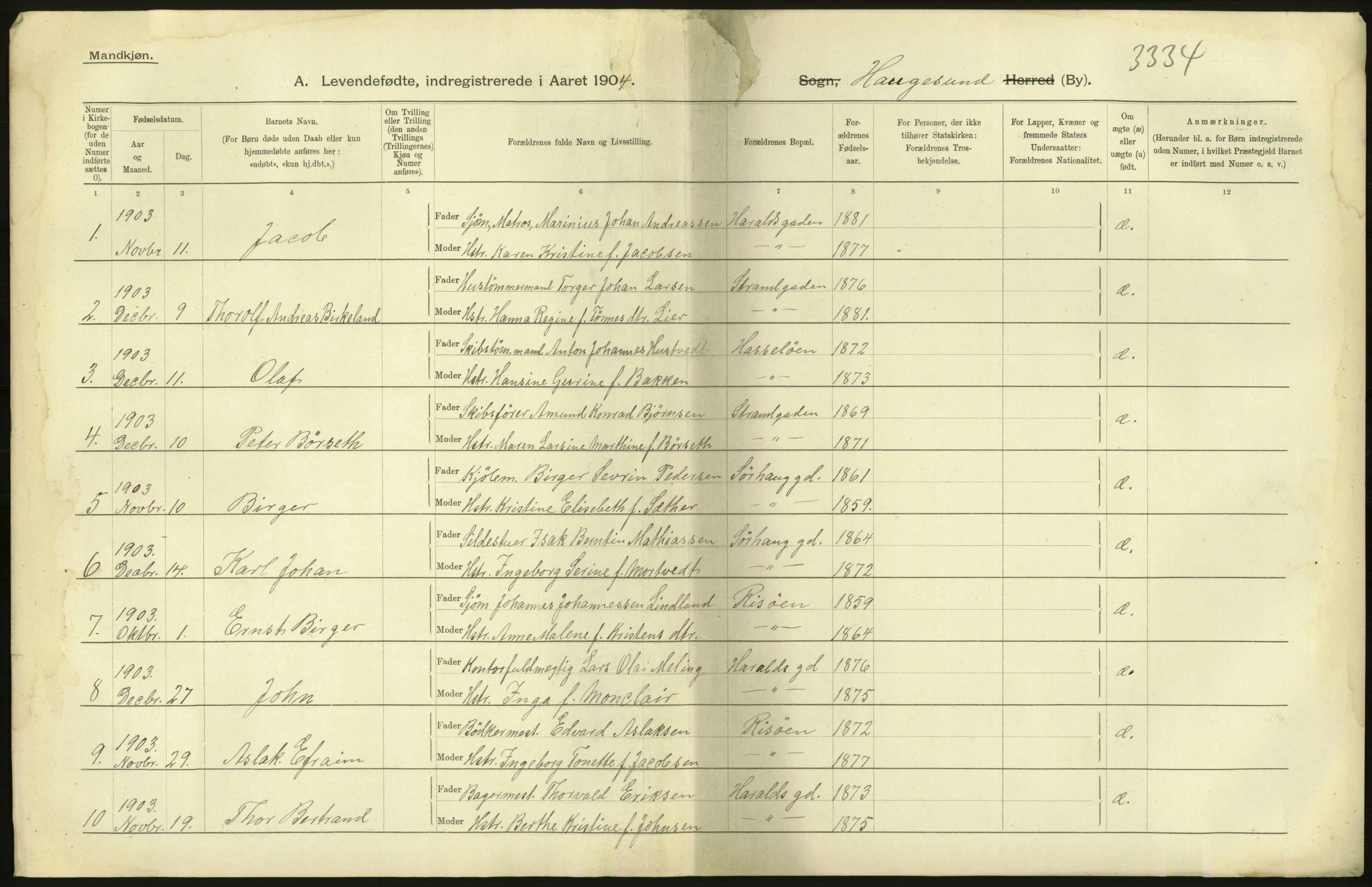 Statistisk sentralbyrå, Sosiodemografiske emner, Befolkning, AV/RA-S-2228/D/Df/Dfa/Dfab/L0012: Stavanger amt: Fødte, gifte, døde, 1904, p. 34