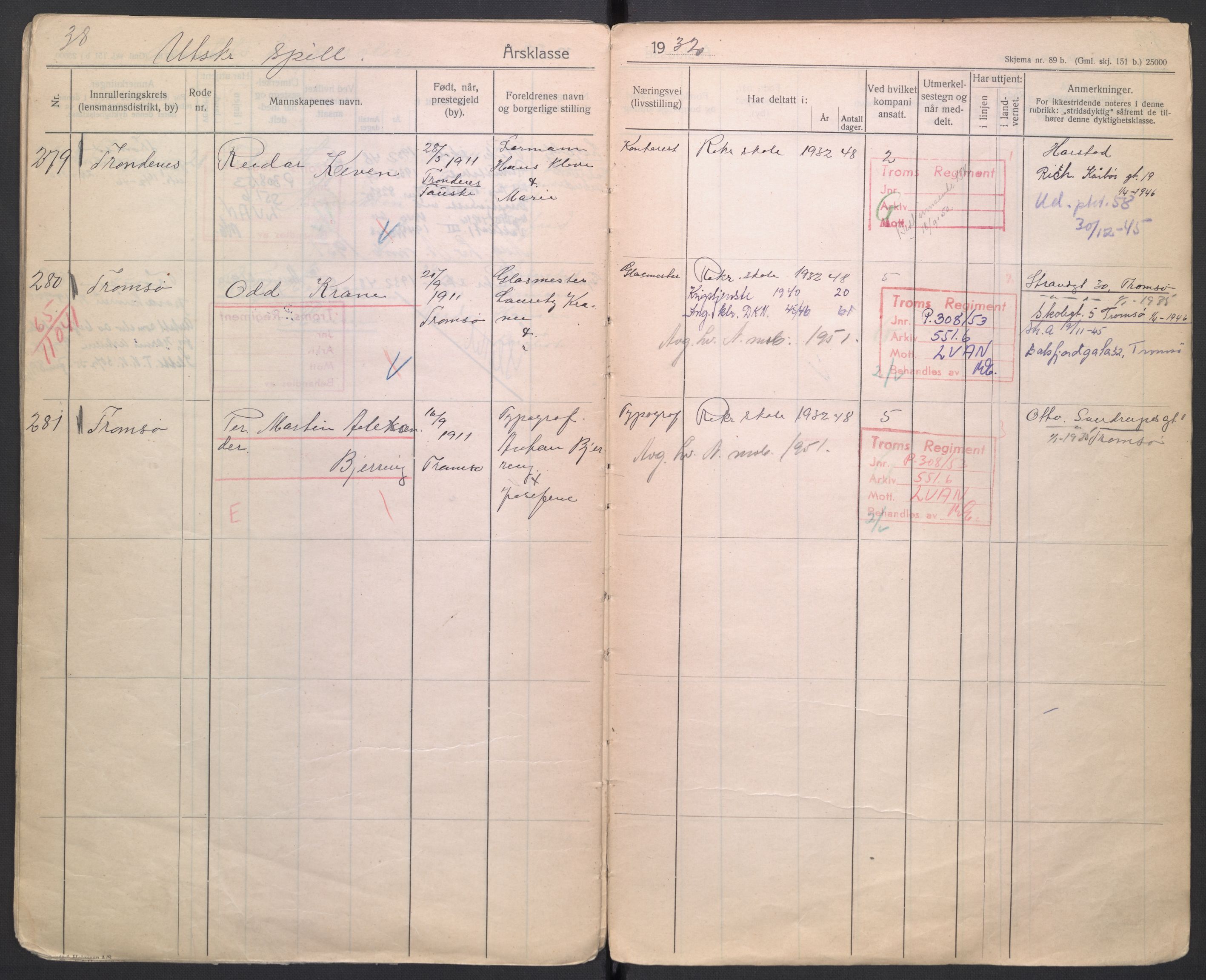 Forsvaret, Troms infanteriregiment nr. 16, AV/RA-RAFA-3146/P/Pa/L0006/0001: Ruller / Rulle for Trondenes bataljons menige mannskaper, årsklasse 1932, 1932, p. 38