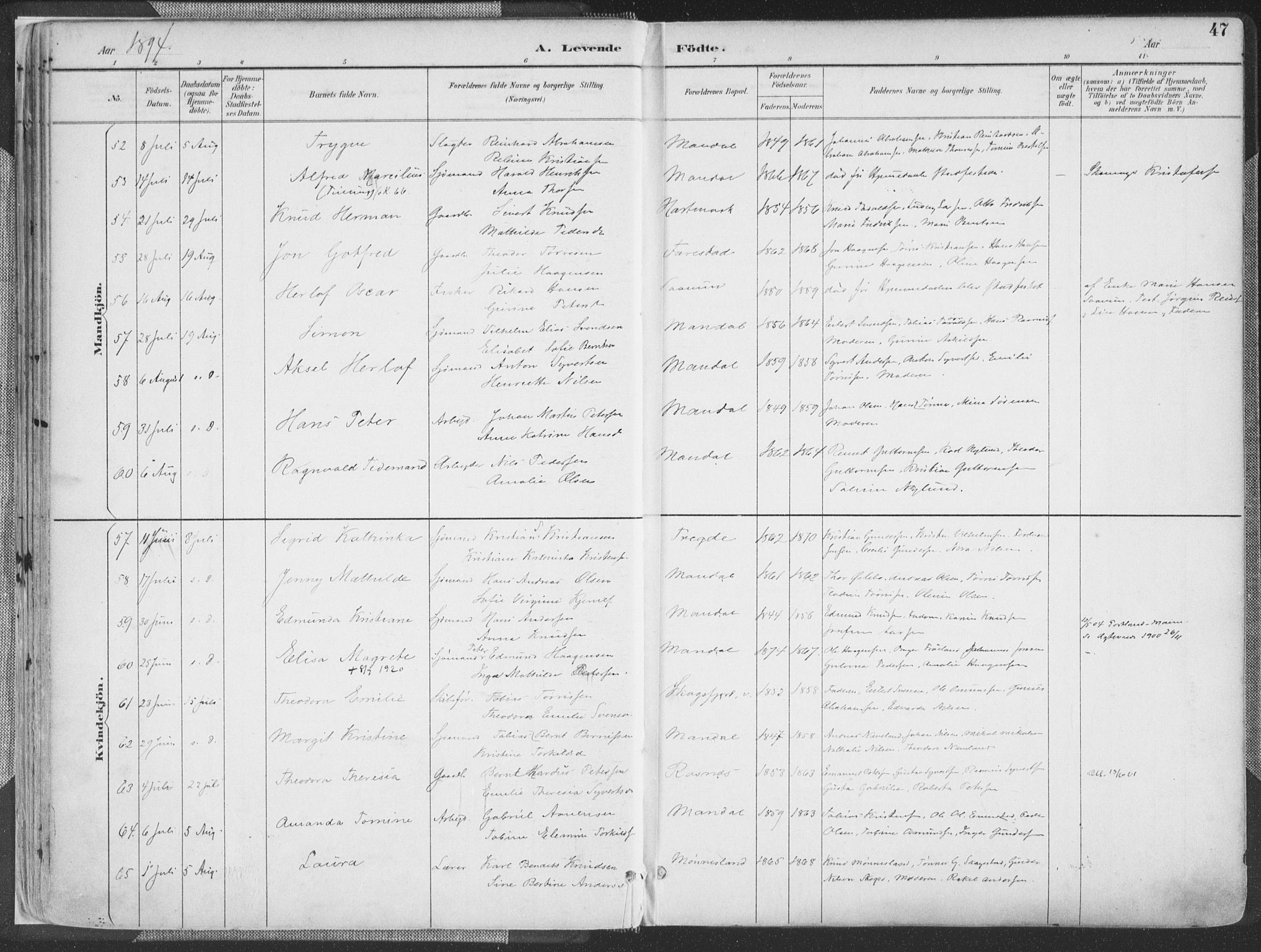 Mandal sokneprestkontor, SAK/1111-0030/F/Fa/Faa/L0018: Parish register (official) no. A 18, 1890-1905, p. 47