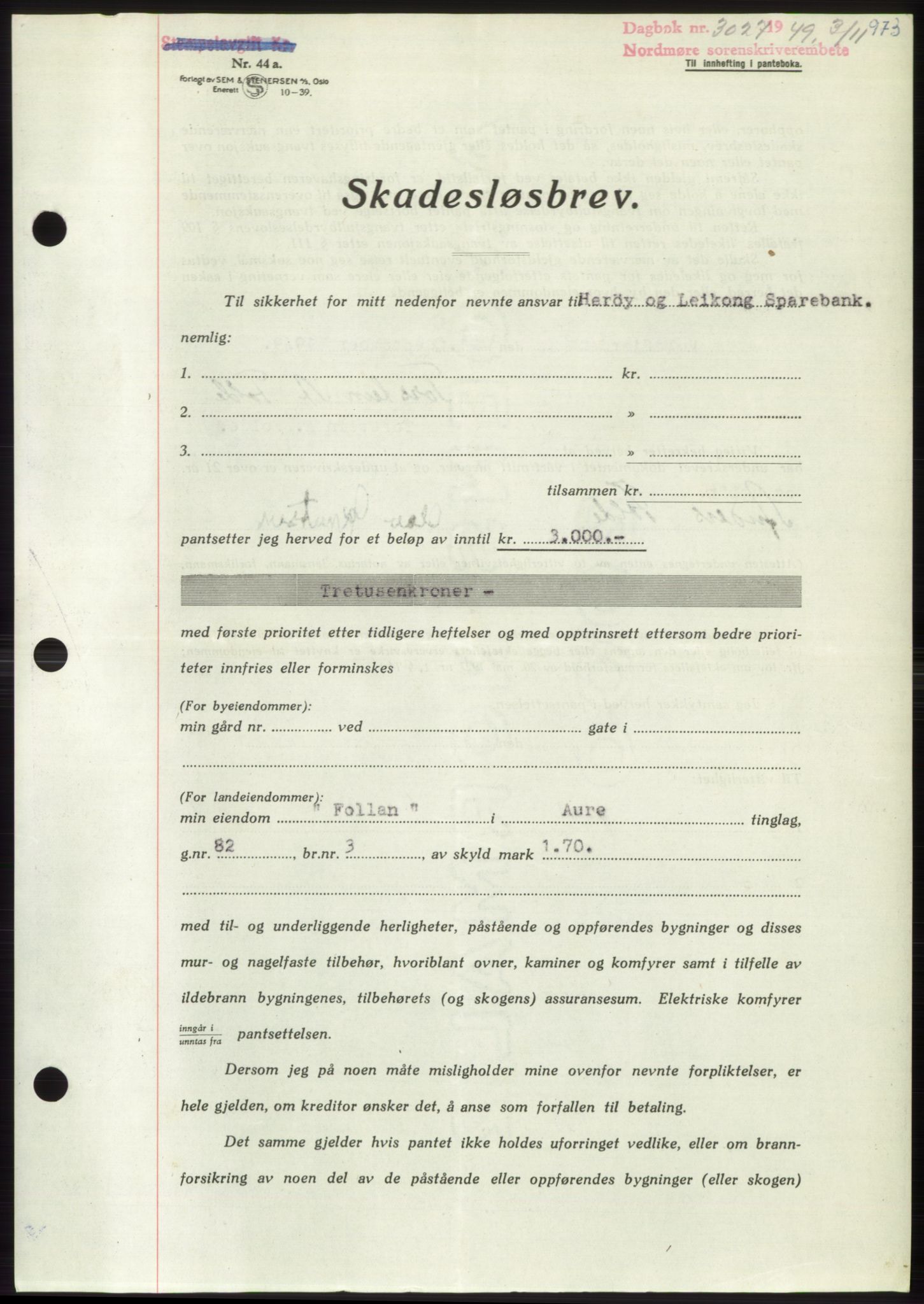 Nordmøre sorenskriveri, AV/SAT-A-4132/1/2/2Ca: Mortgage book no. B102, 1949-1949, Diary no: : 3027/1949