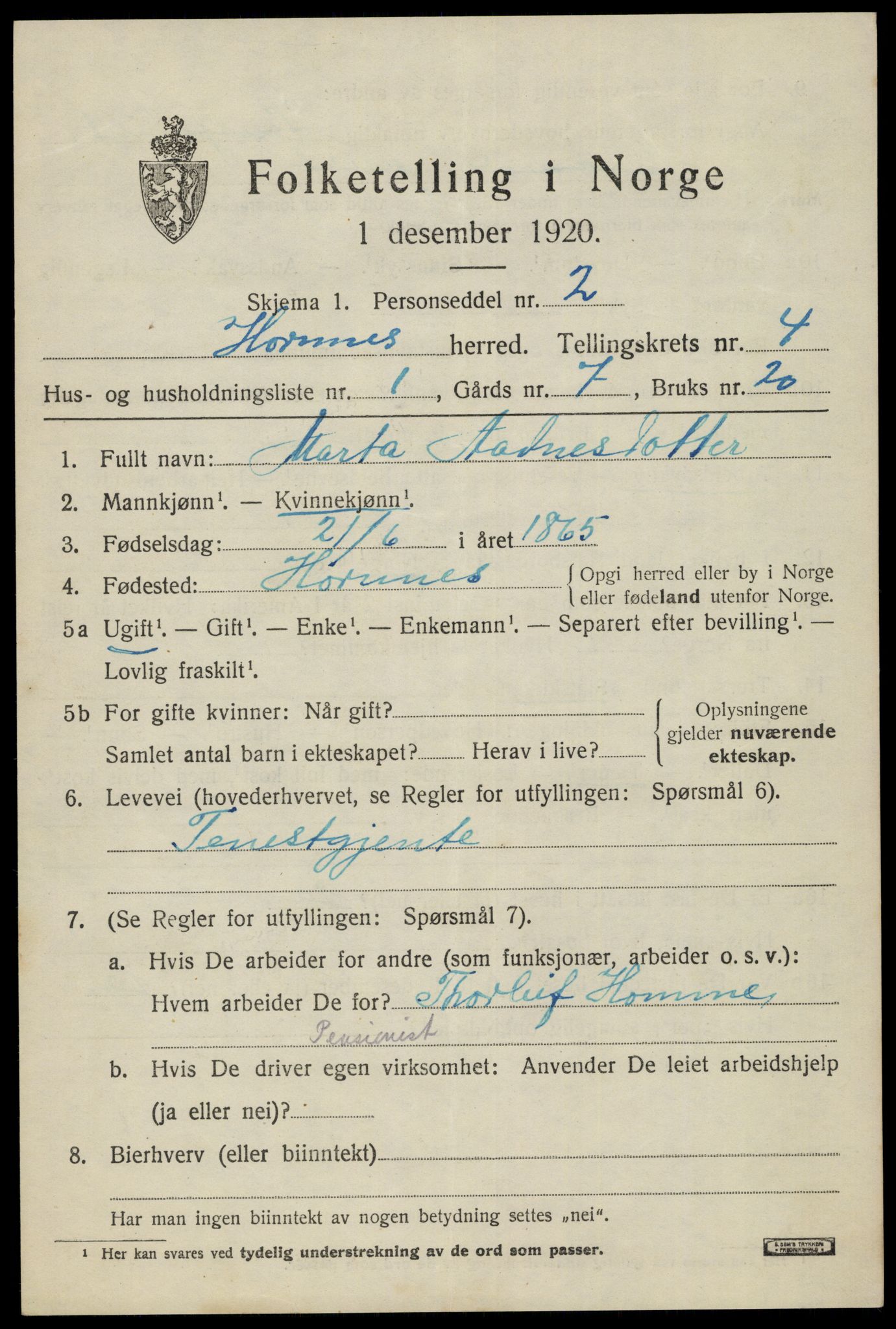 SAK, 1920 census for Hornnes, 1920, p. 1139