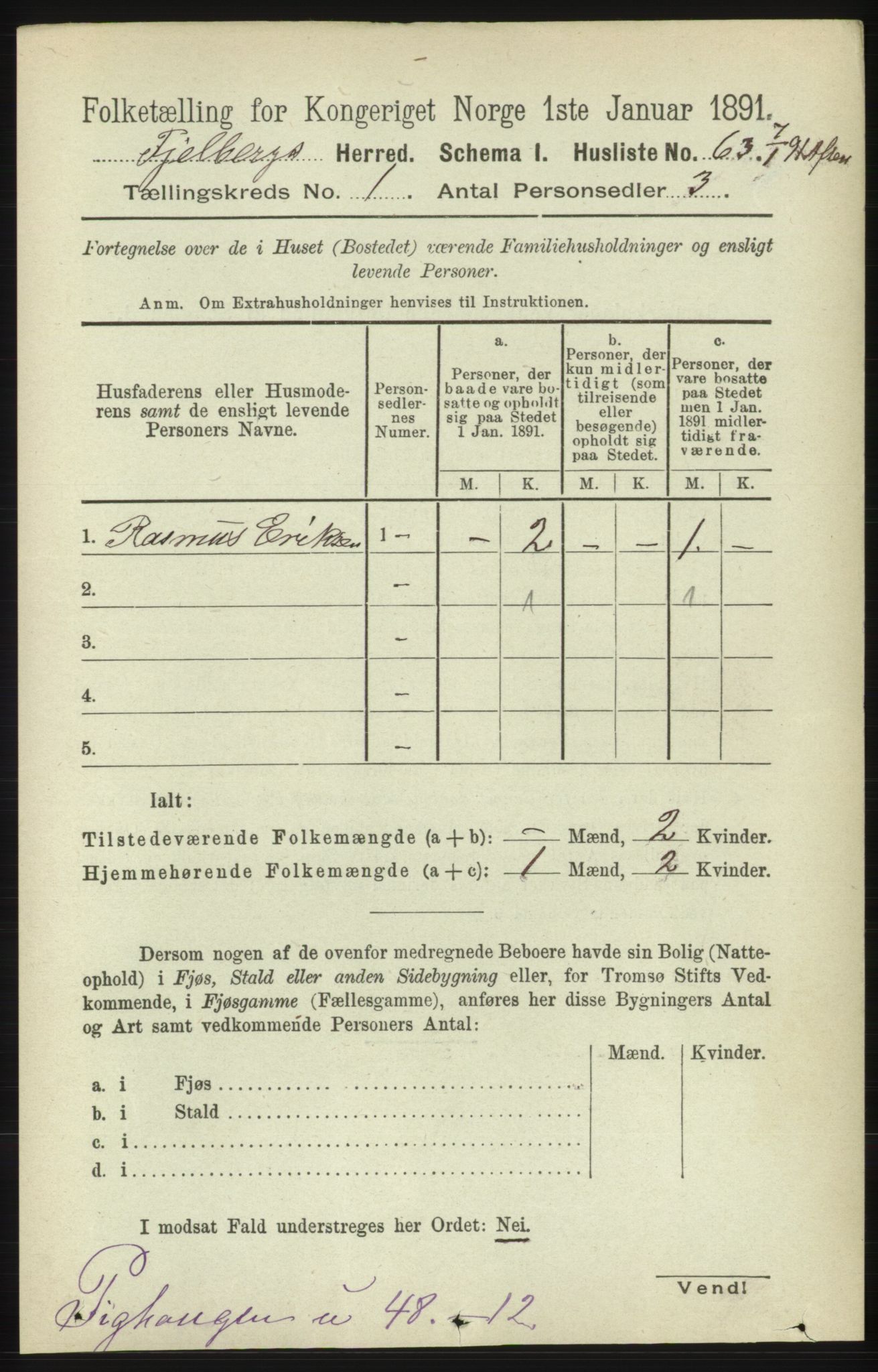 RA, 1891 census for 1213 Fjelberg, 1891, p. 92