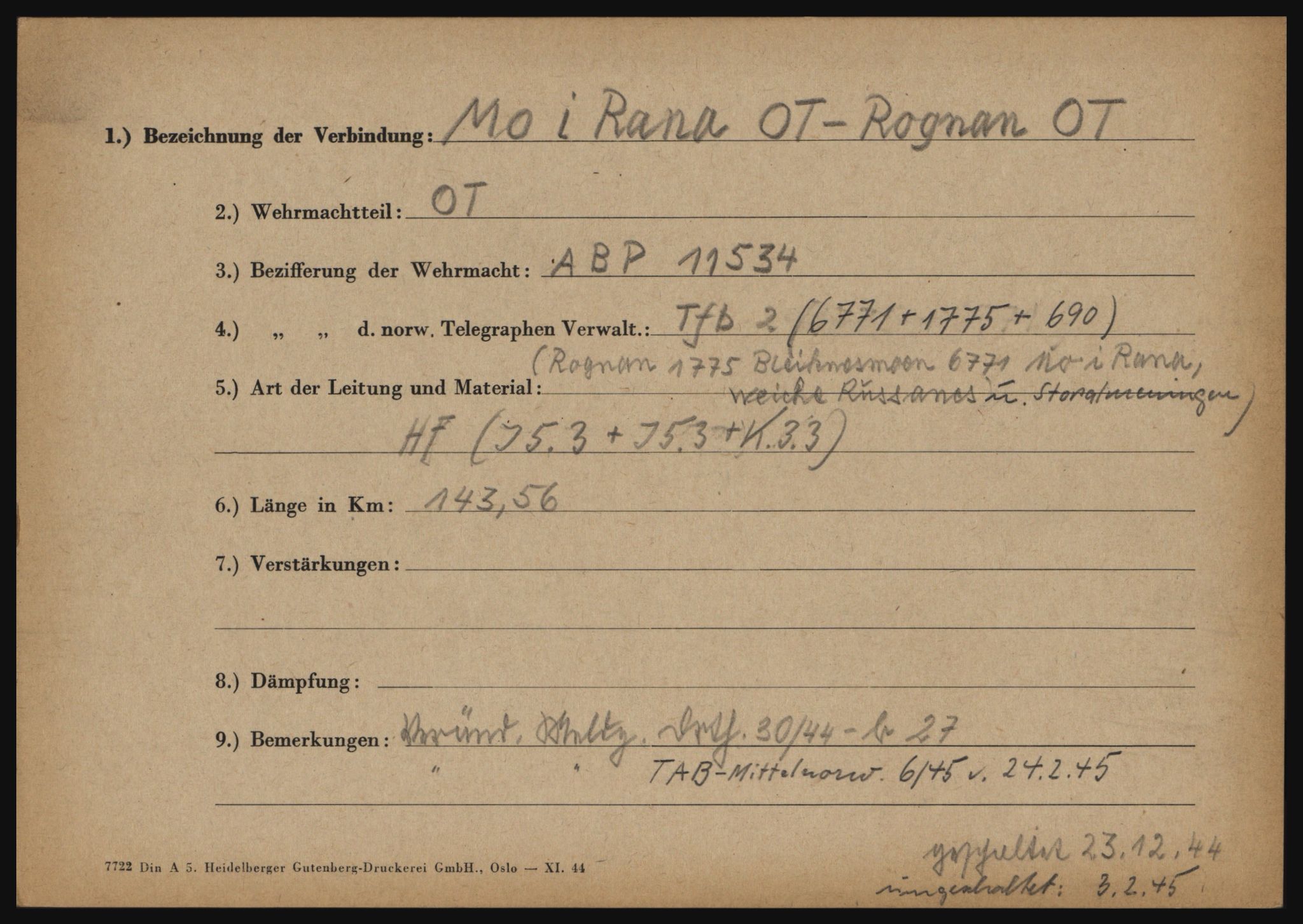 Tyske arkiver, Organisation Todt (OT), Einsatzgruppe Wiking, AV/RA-RAFA-2188/1/O/O12/L0003: Kartotek over tyske telefon- og fjernskriverlinjer i Norge, 1940-1945, p. 68