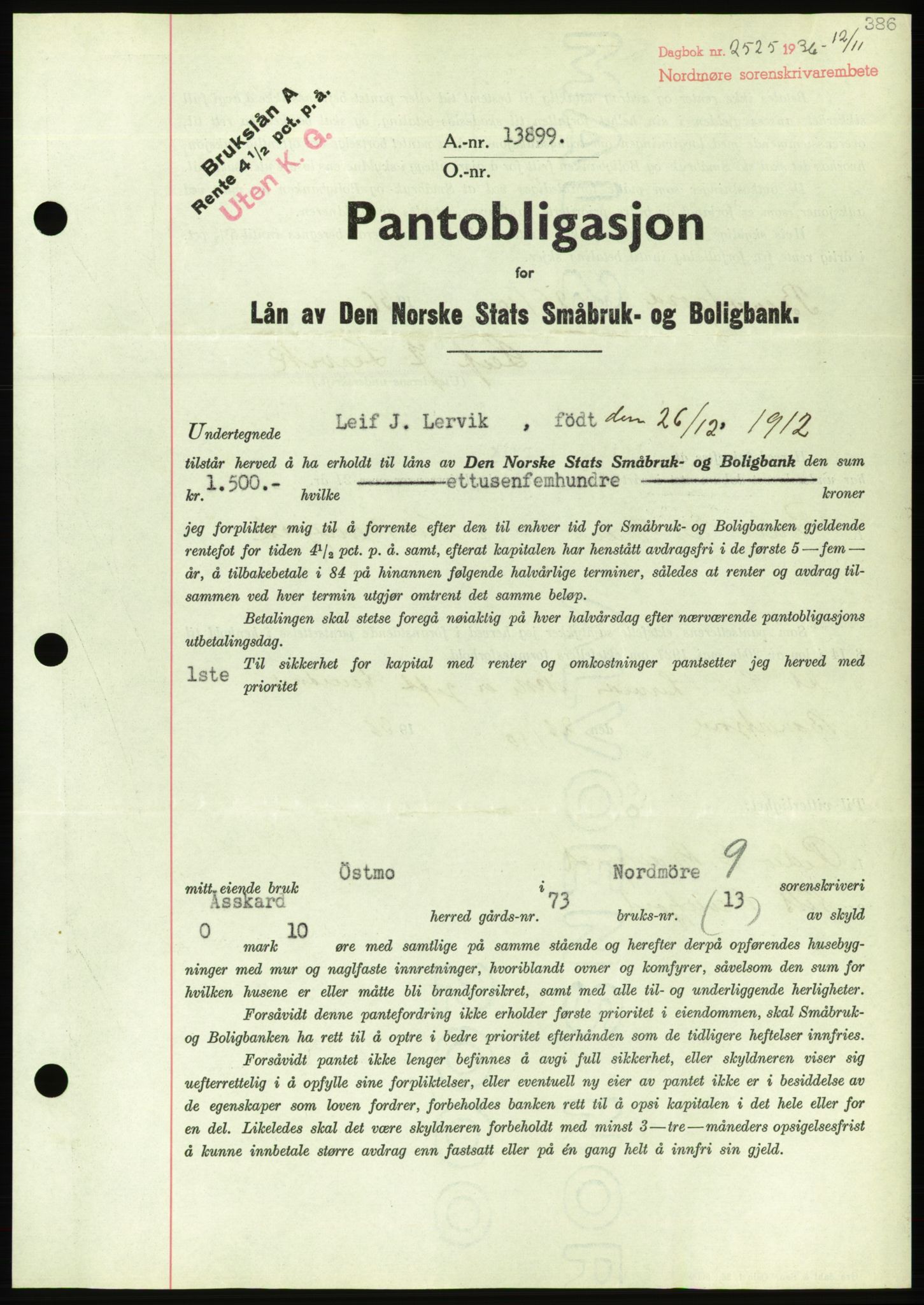 Nordmøre sorenskriveri, AV/SAT-A-4132/1/2/2Ca/L0090: Mortgage book no. B80, 1936-1937, Diary no: : 2525/1936