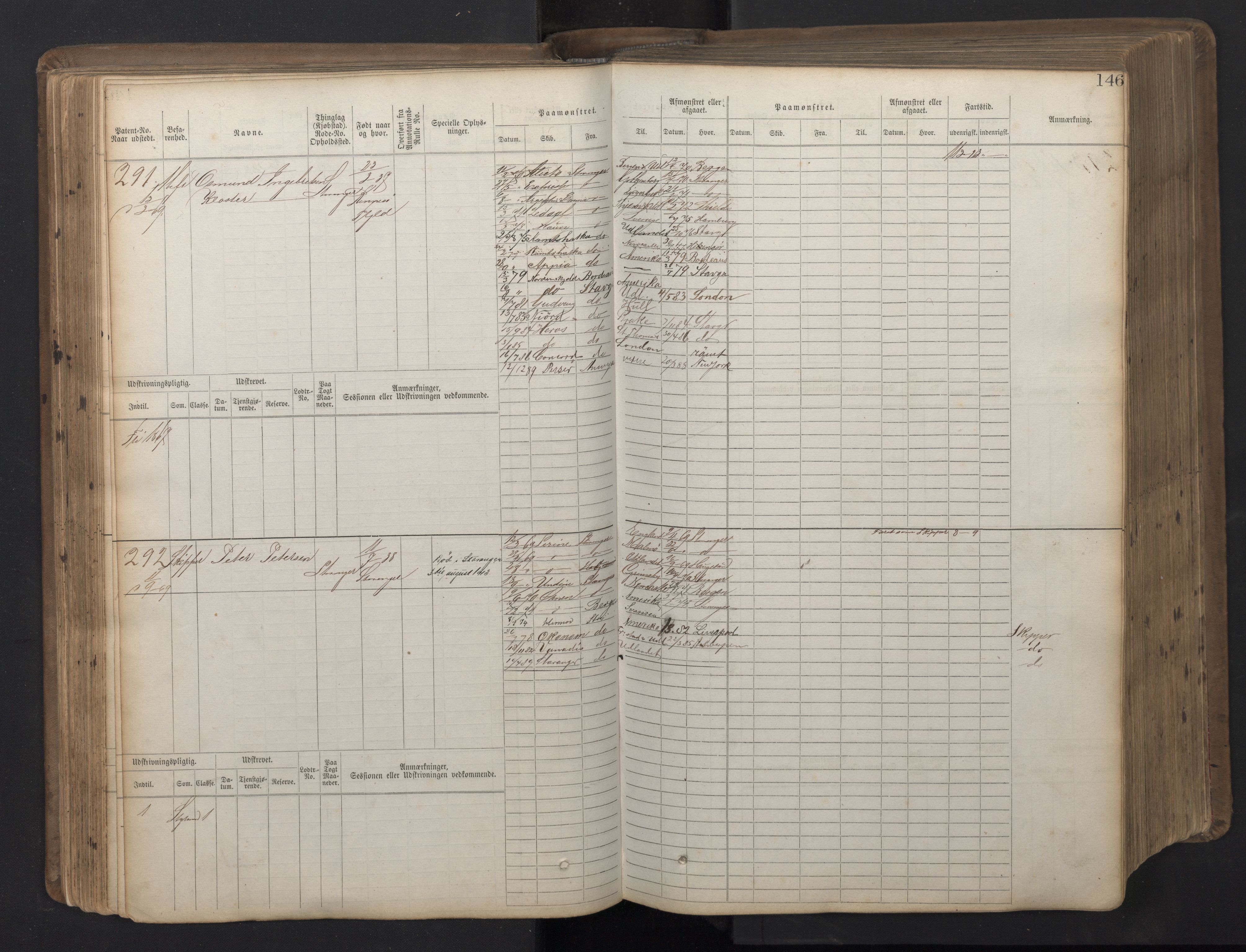 Stavanger sjømannskontor, AV/SAST-A-102006/F/Fb/Fbb/L0016: Sjøfartshovedrulle patnentnr. 1-1202 (dublett), 1869, p. 146