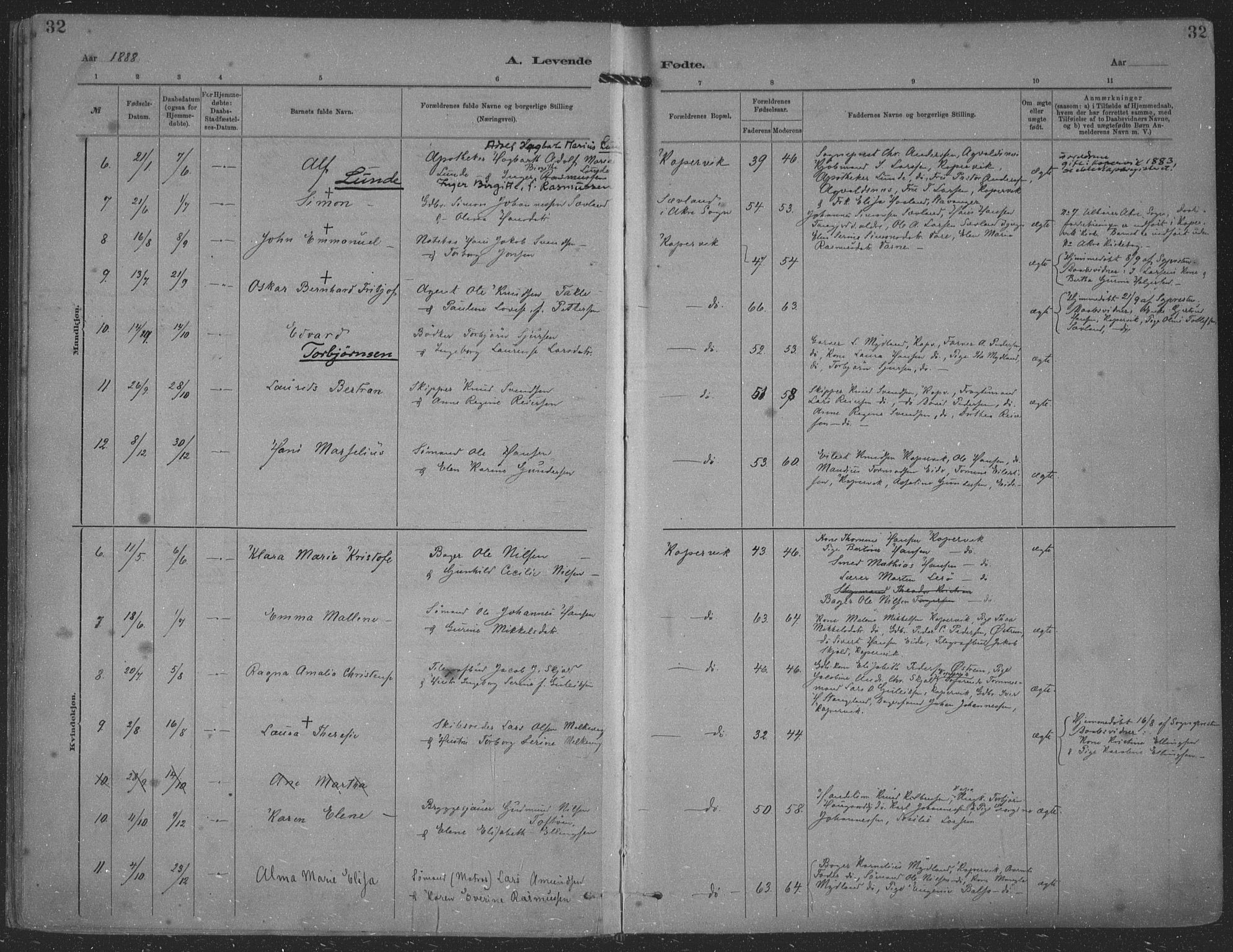 Kopervik sokneprestkontor, SAST/A-101850/H/Ha/Haa/L0001: Parish register (official) no. A 1, 1880-1919, p. 32