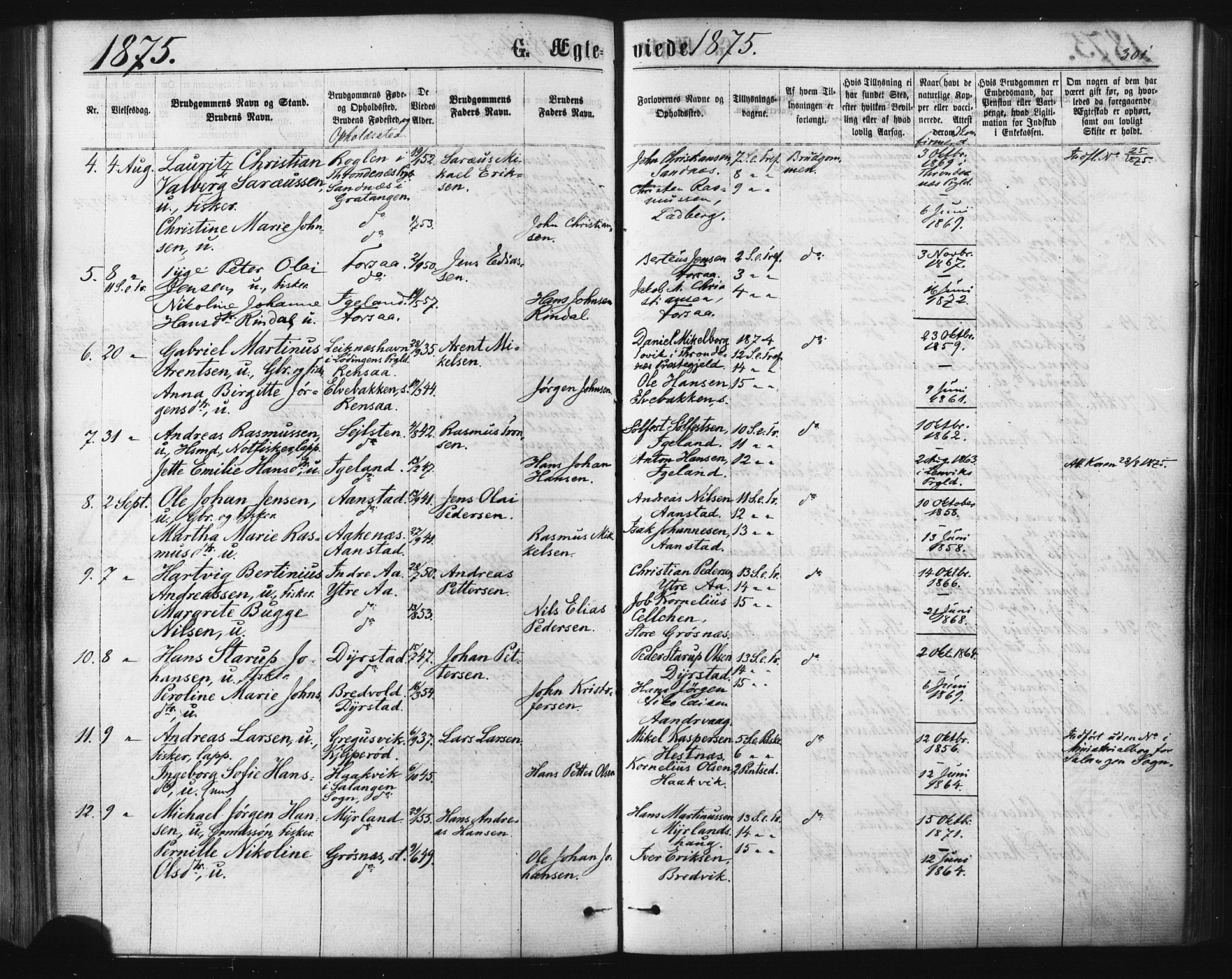 Ibestad sokneprestembete, SATØ/S-0077/H/Ha/Haa/L0010kirke: Parish register (official) no. 10, 1869-1879, p. 301
