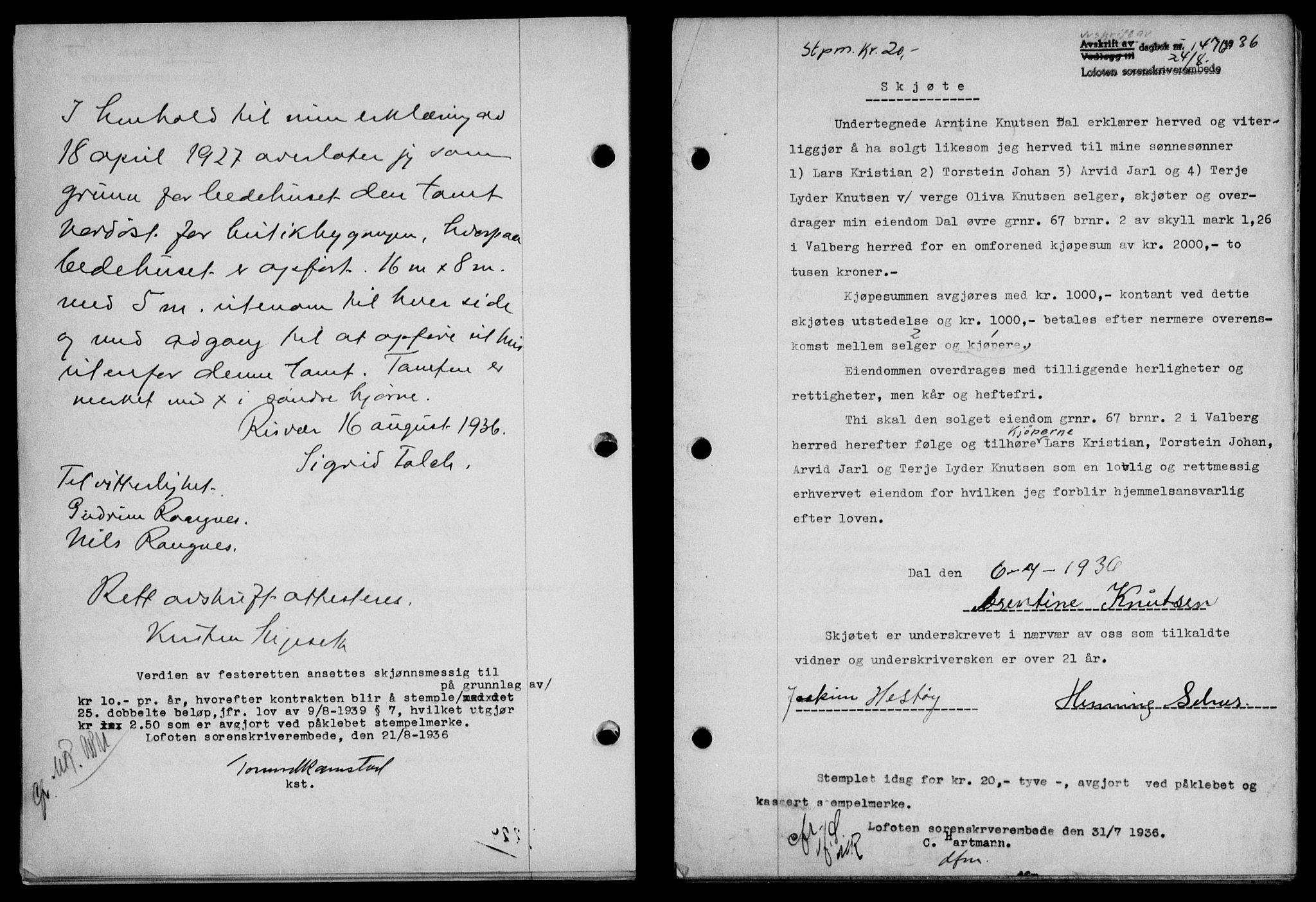 Lofoten sorenskriveri, SAT/A-0017/1/2/2C/L0001a: Mortgage book no. 1a, 1936-1937, Diary no: : 1476/1936