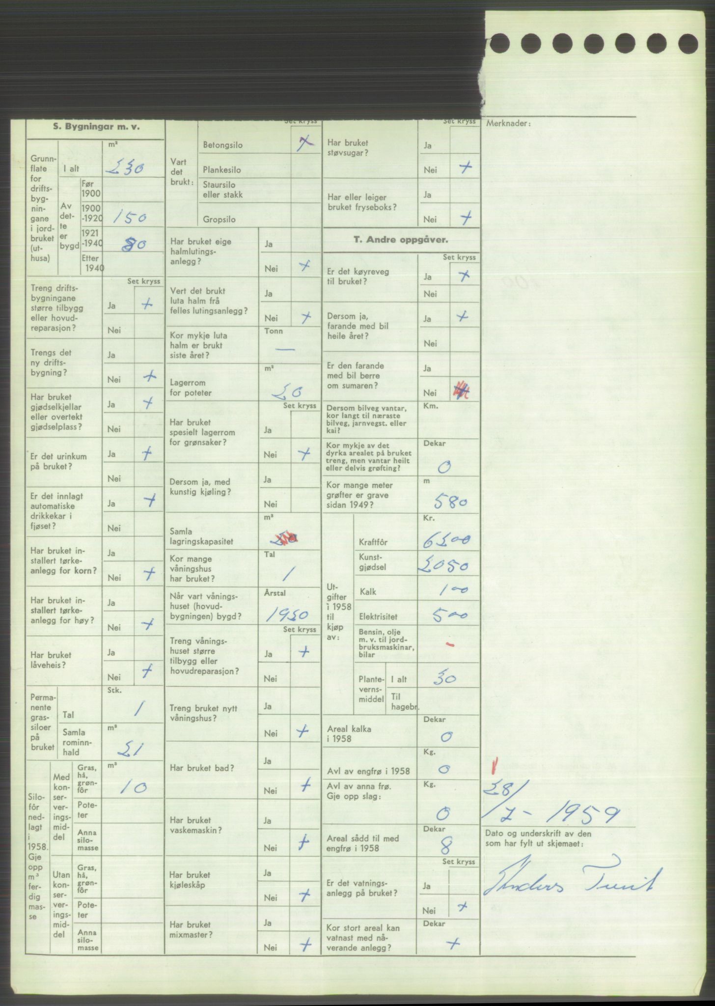 Statistisk sentralbyrå, Næringsøkonomiske emner, Jordbruk, skogbruk, jakt, fiske og fangst, AV/RA-S-2234/G/Gd/L0373: Rogaland: 1130 Strand (kl. 1-2), 1131 Årdal og 1132 Fister, 1959, p. 1328