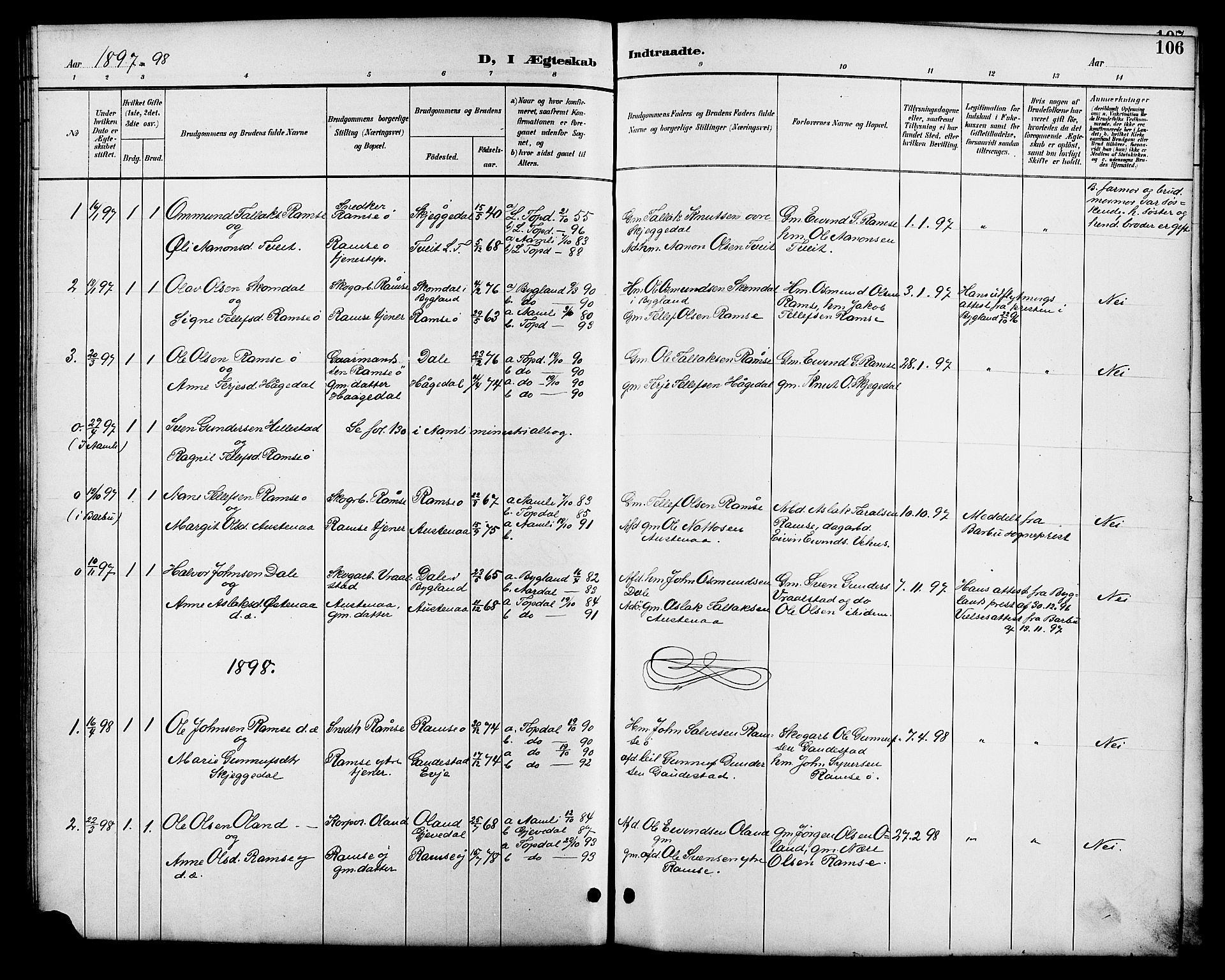 Åmli sokneprestkontor, SAK/1111-0050/F/Fb/Fbb/L0002: Parish register (copy) no. B 2, 1890-1905, p. 106