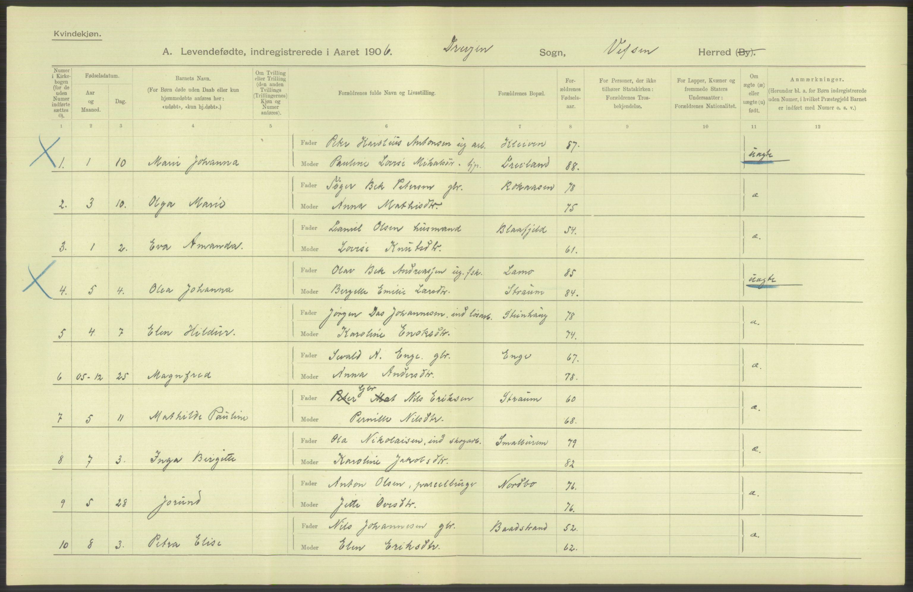 Statistisk sentralbyrå, Sosiodemografiske emner, Befolkning, AV/RA-S-2228/D/Df/Dfa/Dfad/L0043: Nordlands amt: Levendefødte menn og kvinner. Bygder., 1906, p. 58