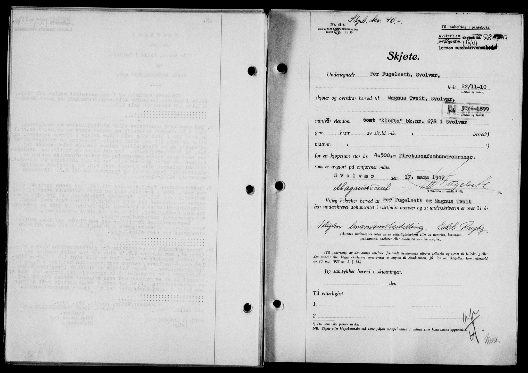 Lofoten sorenskriveri, SAT/A-0017/1/2/2C/L0015a: Mortgage book no. 15a, 1946-1947, Diary no: : 569/1947