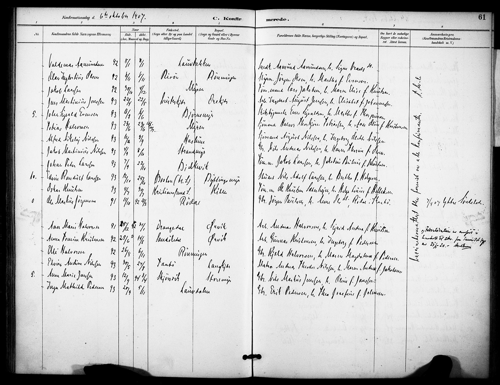 Skåtøy kirkebøker, SAKO/A-304/F/Fb/L0001: Parish register (official) no. II 1, 1892-1916, p. 61