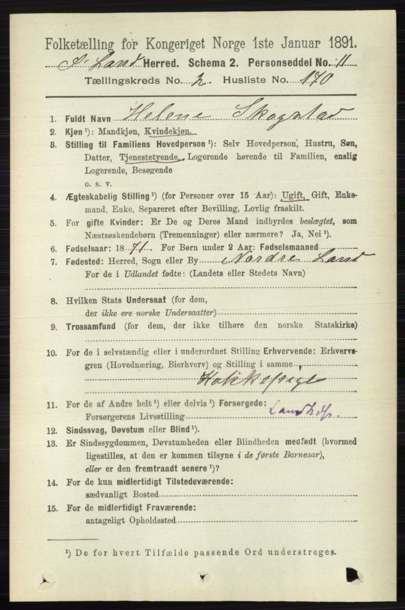 RA, 1891 census for 0536 Søndre Land, 1891, p. 2100