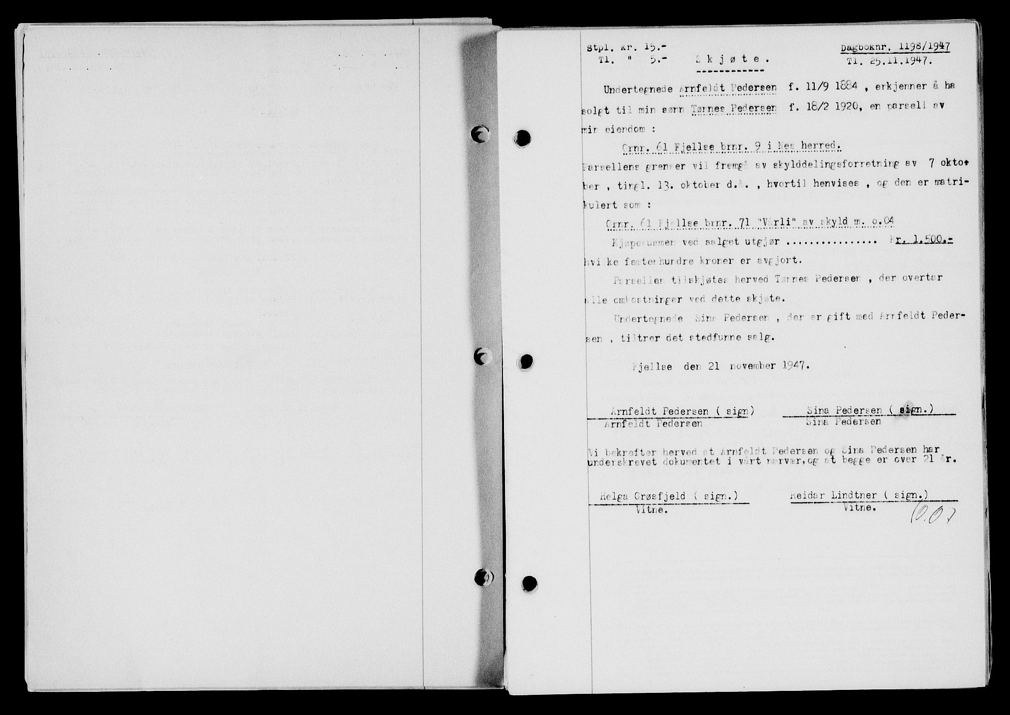 Flekkefjord sorenskriveri, AV/SAK-1221-0001/G/Gb/Gba/L0063: Mortgage book no. A-11, 1947-1948, Diary no: : 1198/1947