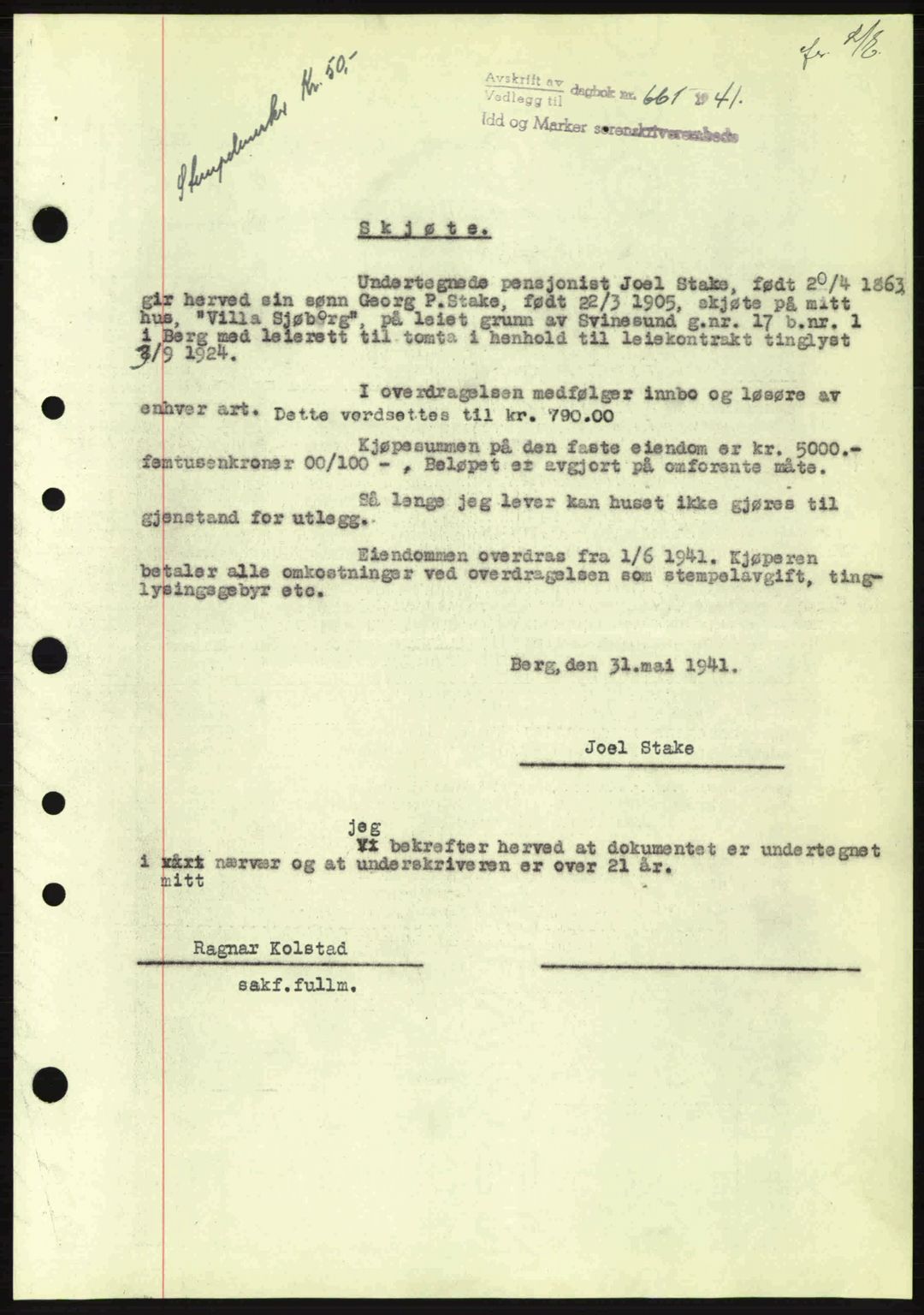 Idd og Marker sorenskriveri, AV/SAO-A-10283/G/Gb/Gbb/L0004: Mortgage book no. A4, 1940-1941, Diary no: : 661/1941