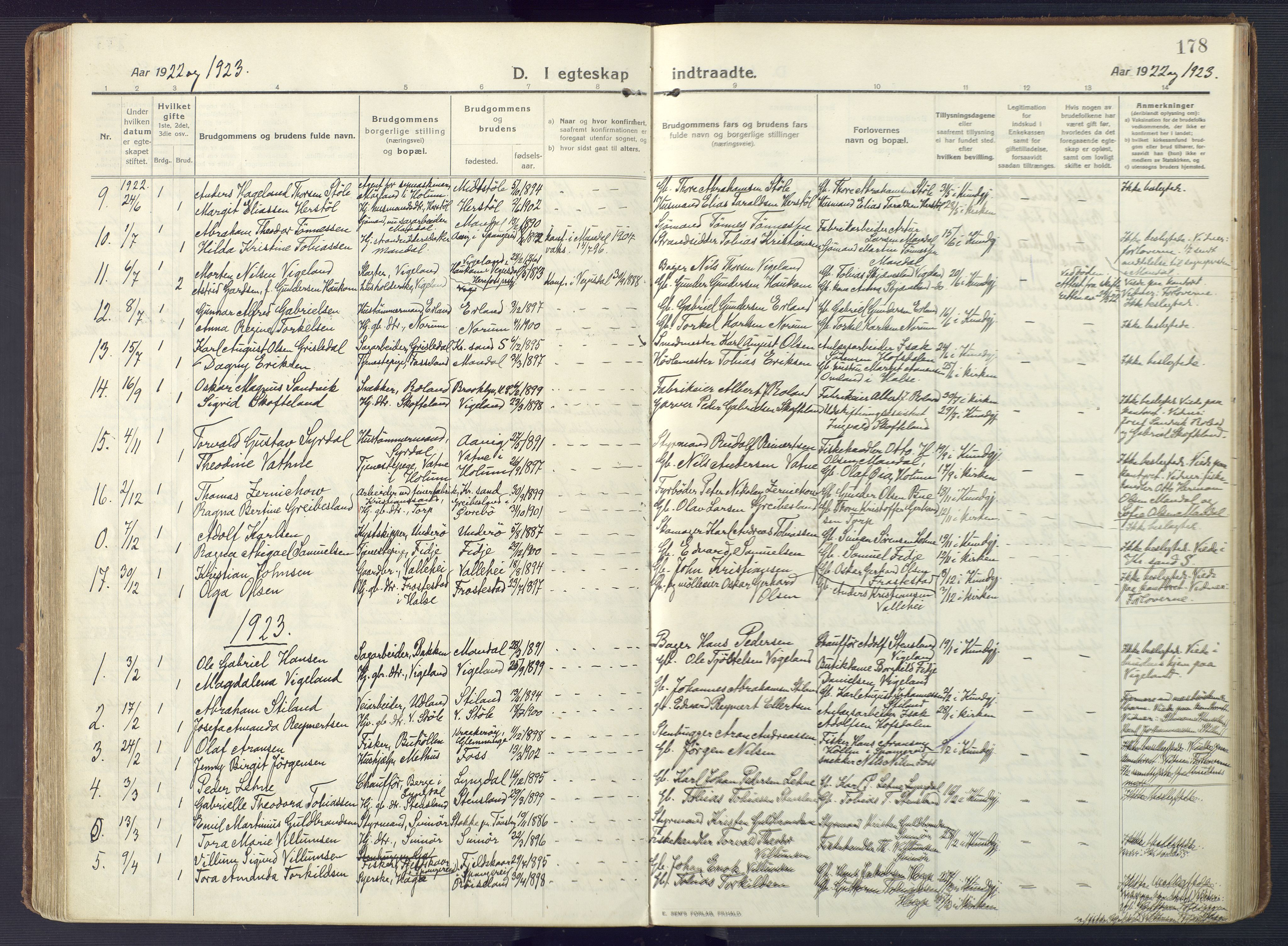 Sør-Audnedal sokneprestkontor, AV/SAK-1111-0039/F/Fa/Fab/L0011: Parish register (official) no. A 11, 1912-1938, p. 178