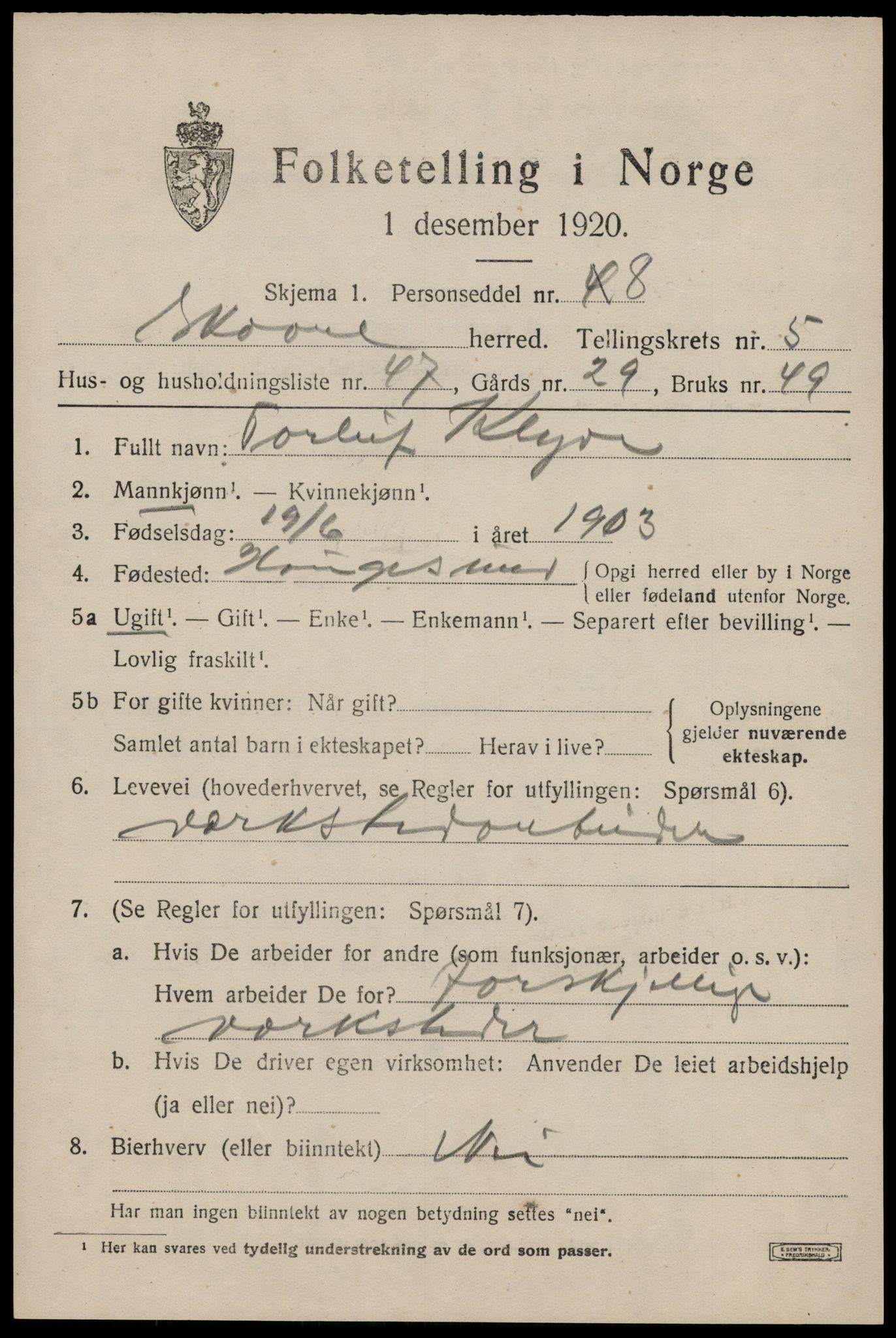 SAST, 1920 census for Skåre, 1920, p. 3402