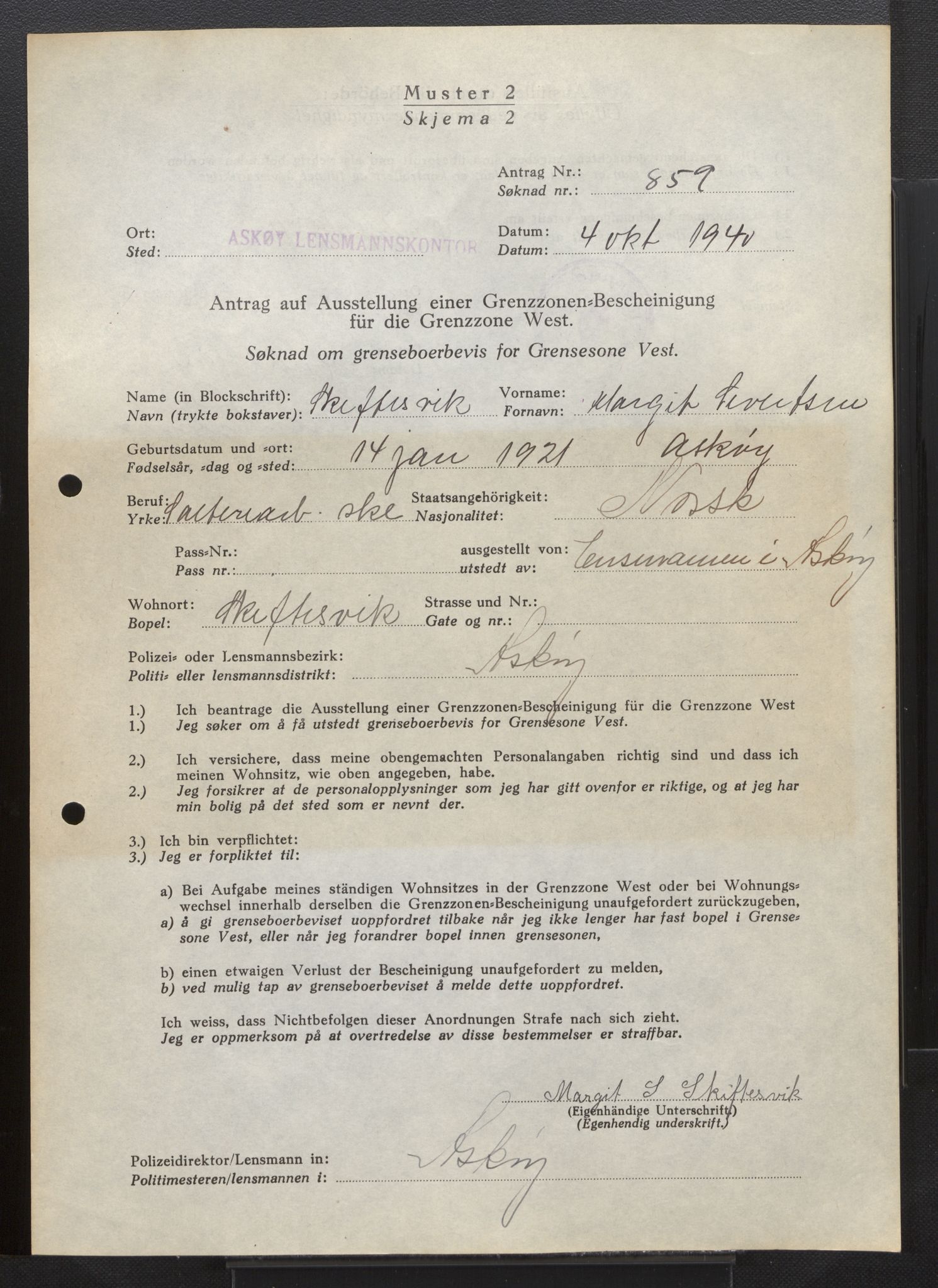 Lensmannen i Askøy, AV/SAB-A-31001/0026/L0005: Søknader om grensebuarbevis 851 - 1275, 1940, p. 17