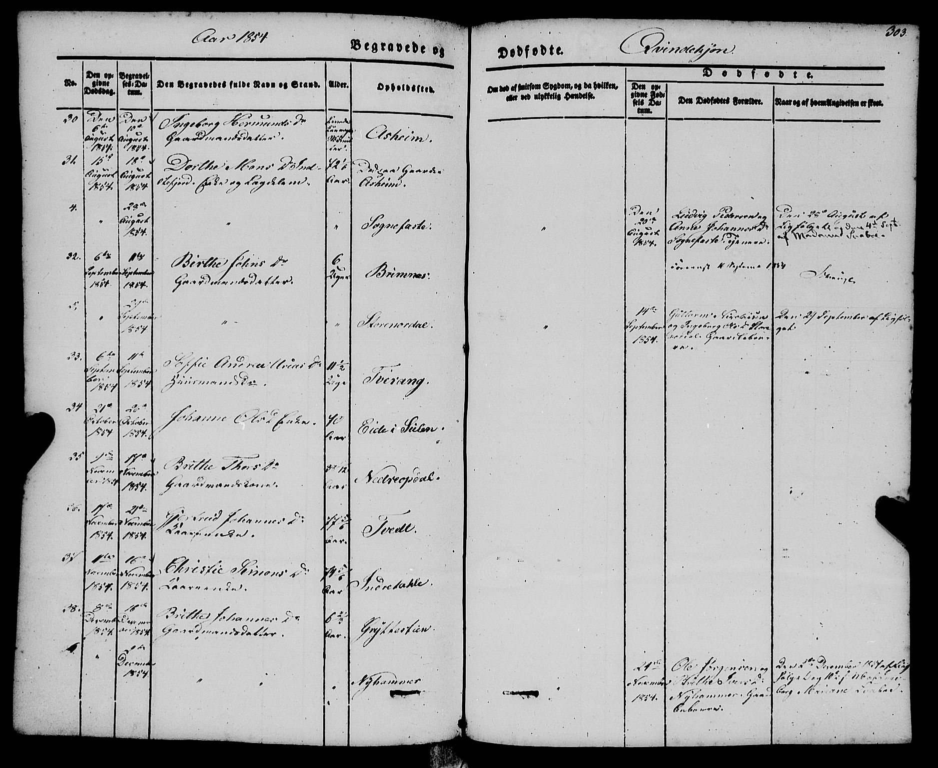 Gulen sokneprestembete, AV/SAB-A-80201/H/Haa/Haaa/L0021: Parish register (official) no. A 21, 1848-1858, p. 303