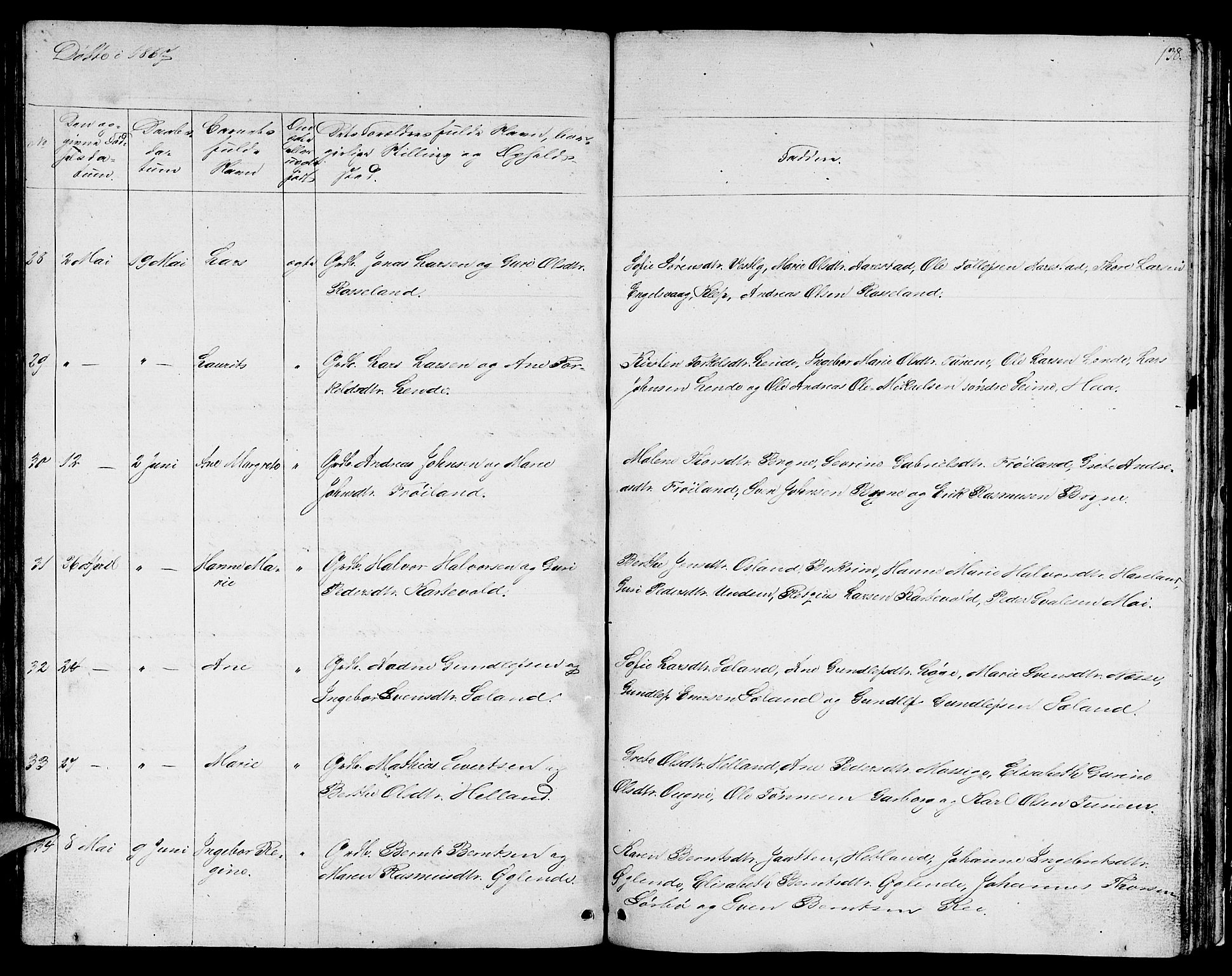 Lye sokneprestkontor, AV/SAST-A-101794/001/30BB/L0002: Parish register (copy) no. B 2, 1852-1867, p. 138