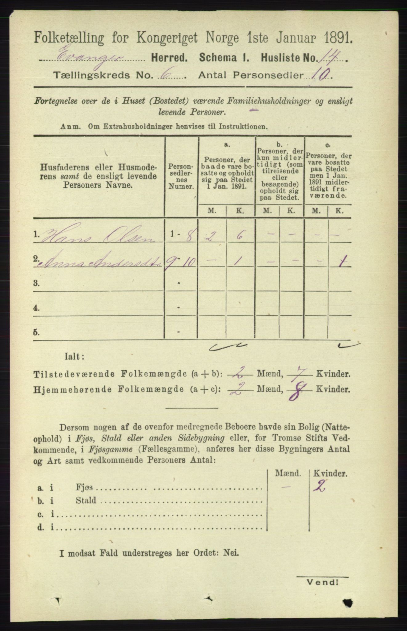 RA, 1891 census for 1237 Evanger, 1891, p. 1593