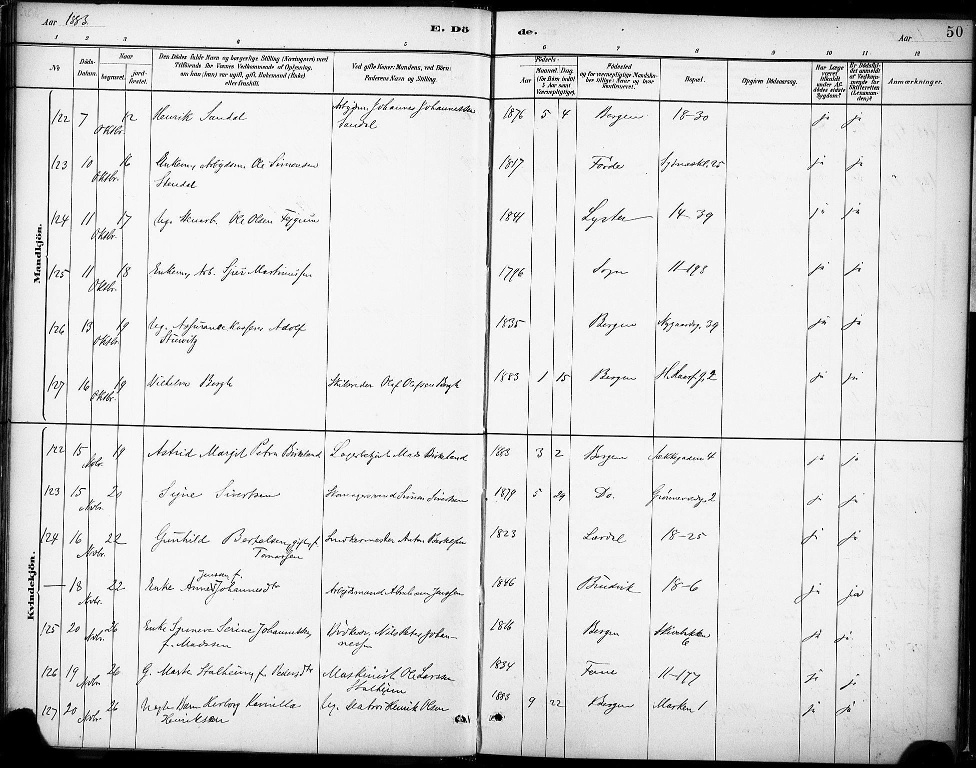 Domkirken sokneprestembete, SAB/A-74801/H/Haa/L0043: Parish register (official) no. E 5, 1882-1904, p. 50