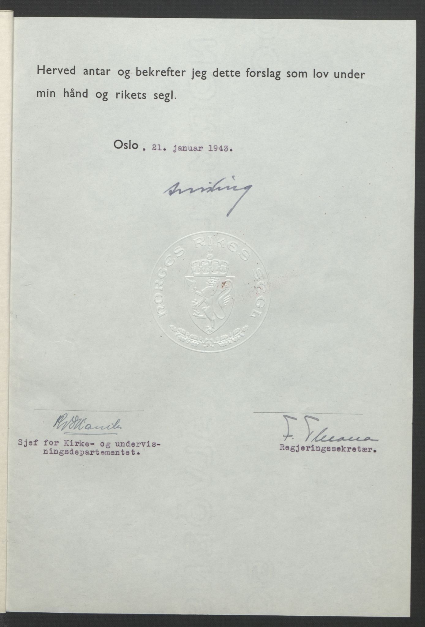 NS-administrasjonen 1940-1945 (Statsrådsekretariatet, de kommisariske statsråder mm), RA/S-4279/D/Db/L0099: Lover, 1943, p. 66