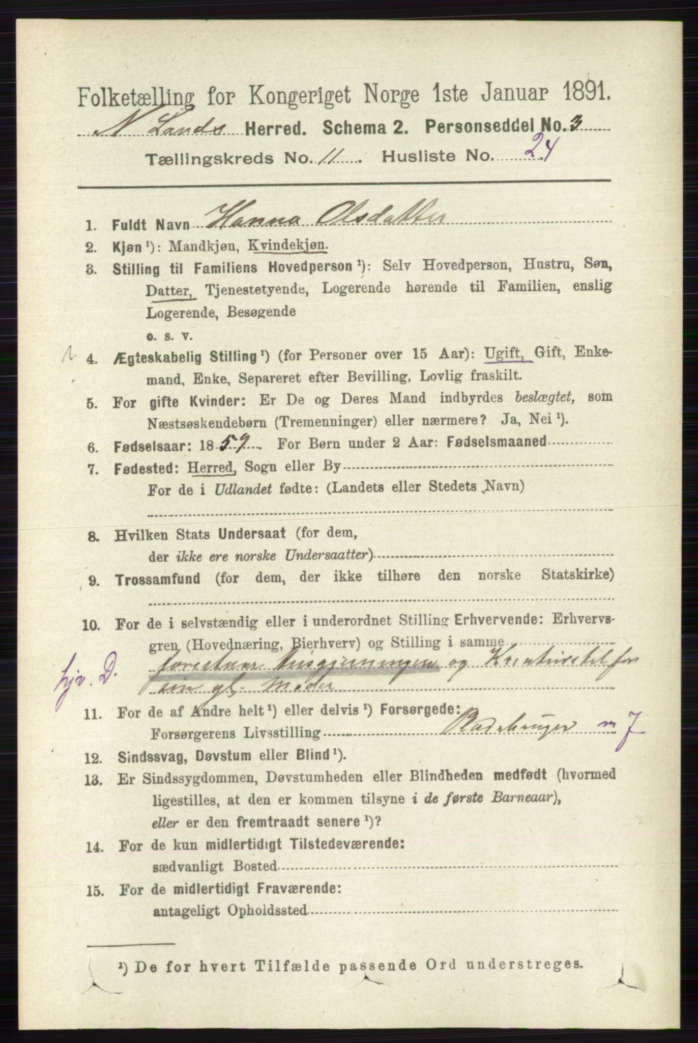 RA, 1891 census for 0538 Nordre Land, 1891, p. 3160