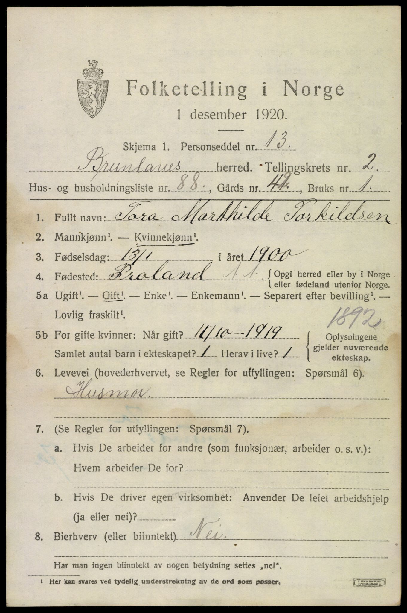 SAKO, 1920 census for Brunlanes, 1920, p. 4503