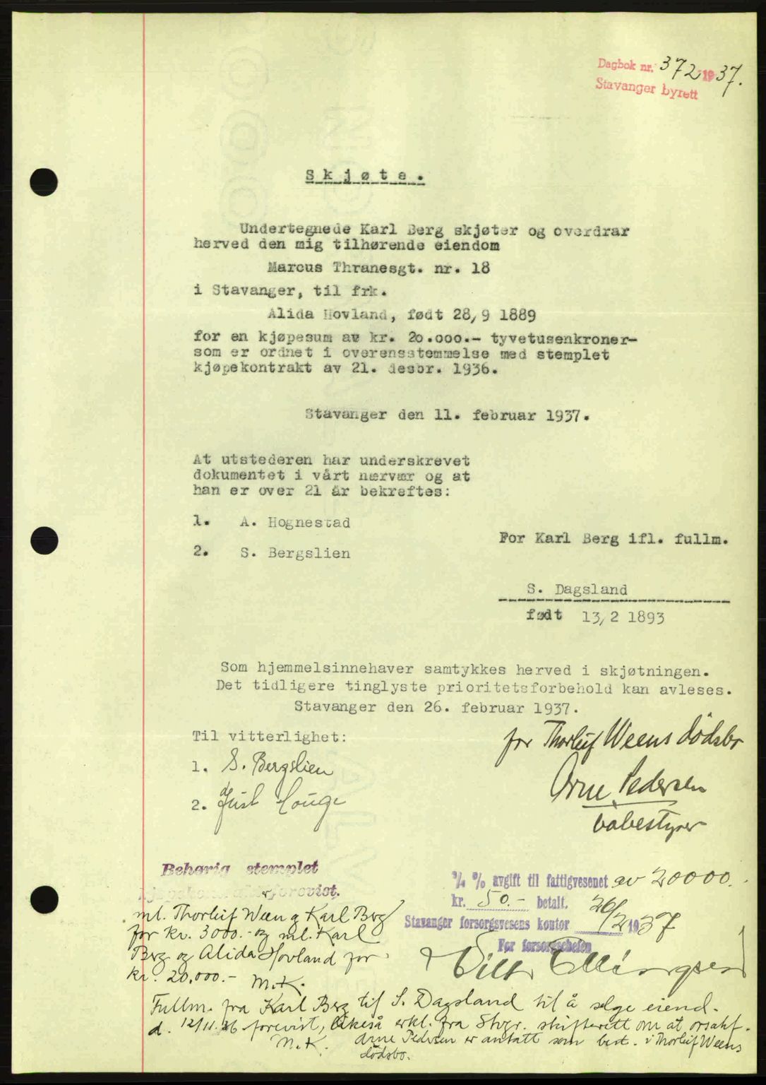 Stavanger byrett, SAST/A-100455/002/G/Gb/L0012: Mortgage book no. A2, 1936-1937, Diary no: : 372/1937