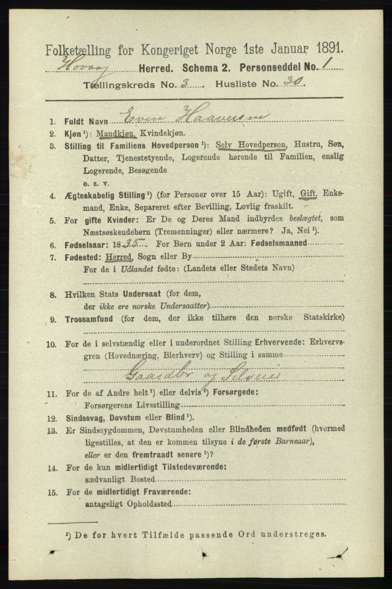 RA, 1891 census for 0927 Høvåg, 1891, p. 1156