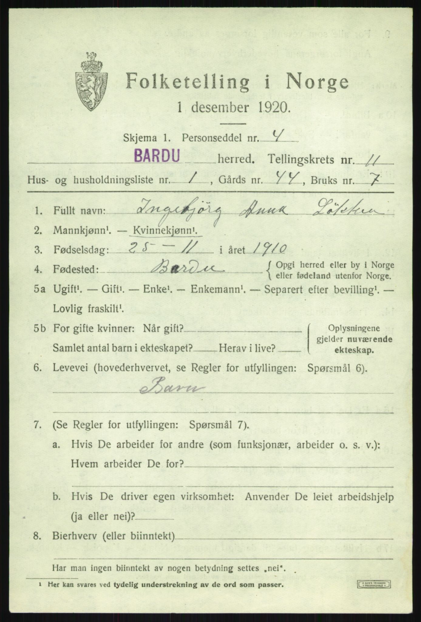 SATØ, 1920 census for Bardu, 1920, p. 3493