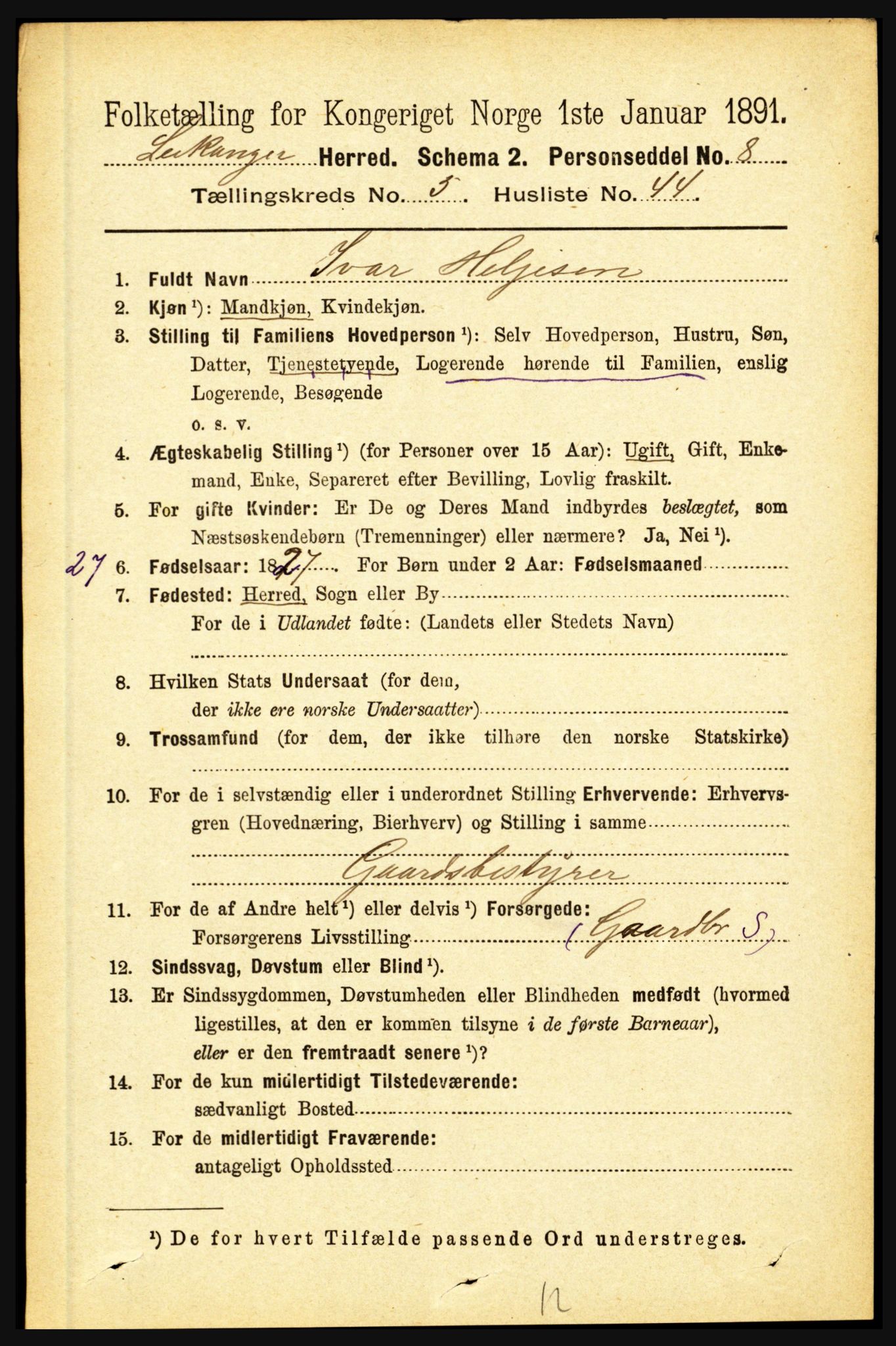 RA, 1891 census for 1419 Leikanger, 1891, p. 1078