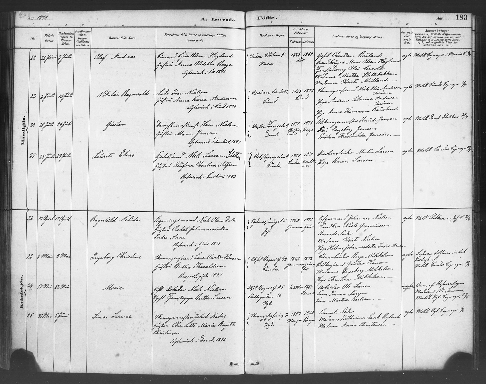 Fødselsstiftelsens sokneprestembete*, SAB/-: Parish register (official) no. A 2, 1884-1900, p. 183
