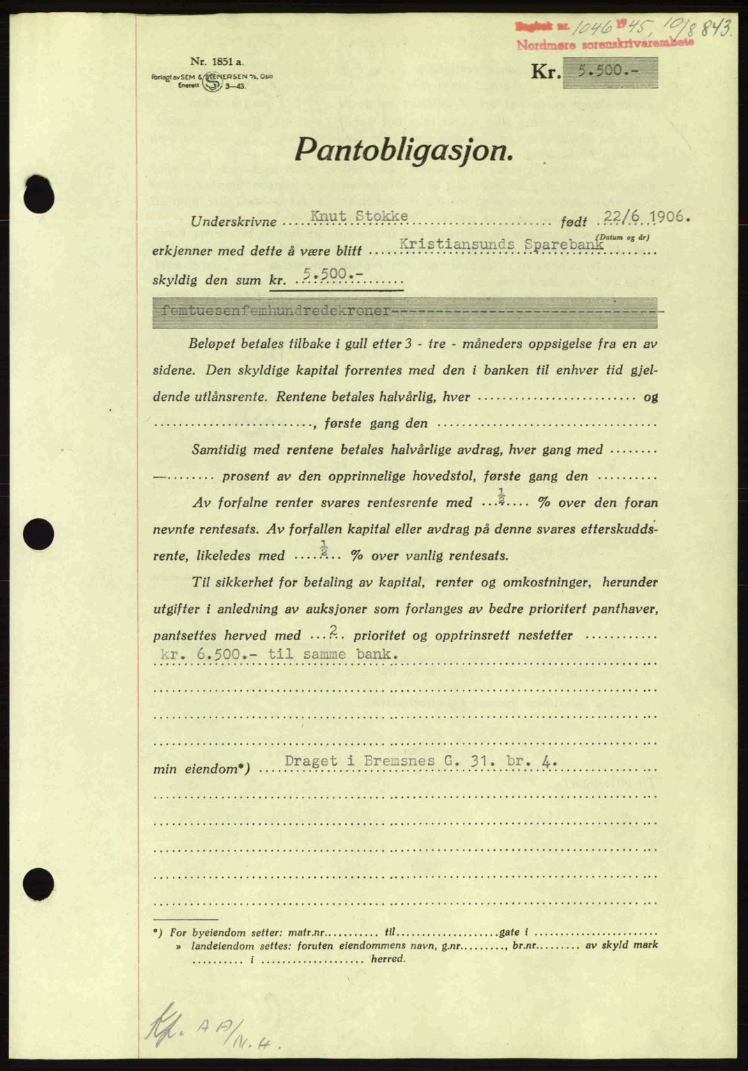 Nordmøre sorenskriveri, AV/SAT-A-4132/1/2/2Ca: Mortgage book no. B92, 1944-1945, Diary no: : 1046/1945