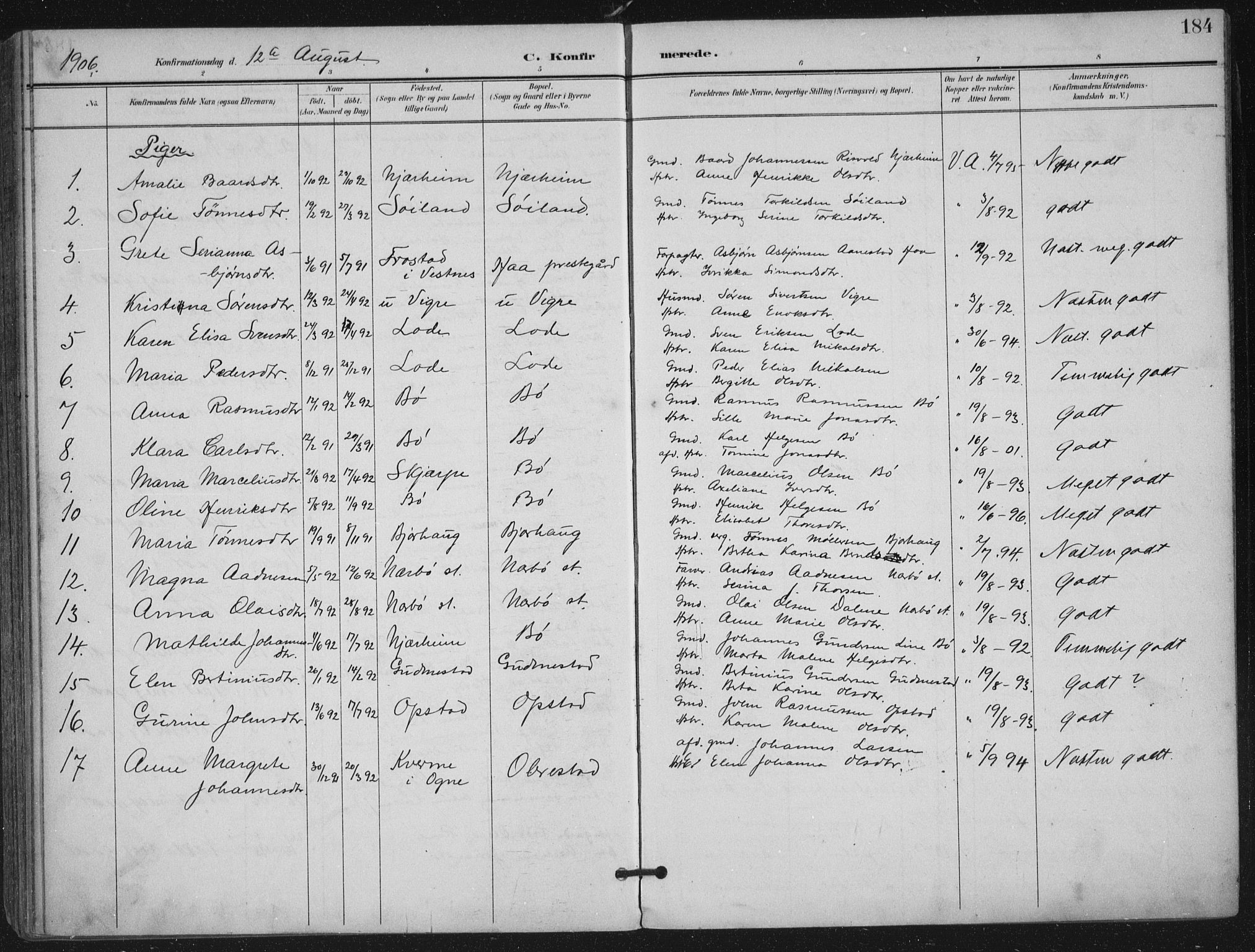 Hå sokneprestkontor, AV/SAST-A-101801/001/30BA/L0012: Parish register (official) no. A 11, 1897-1924, p. 184