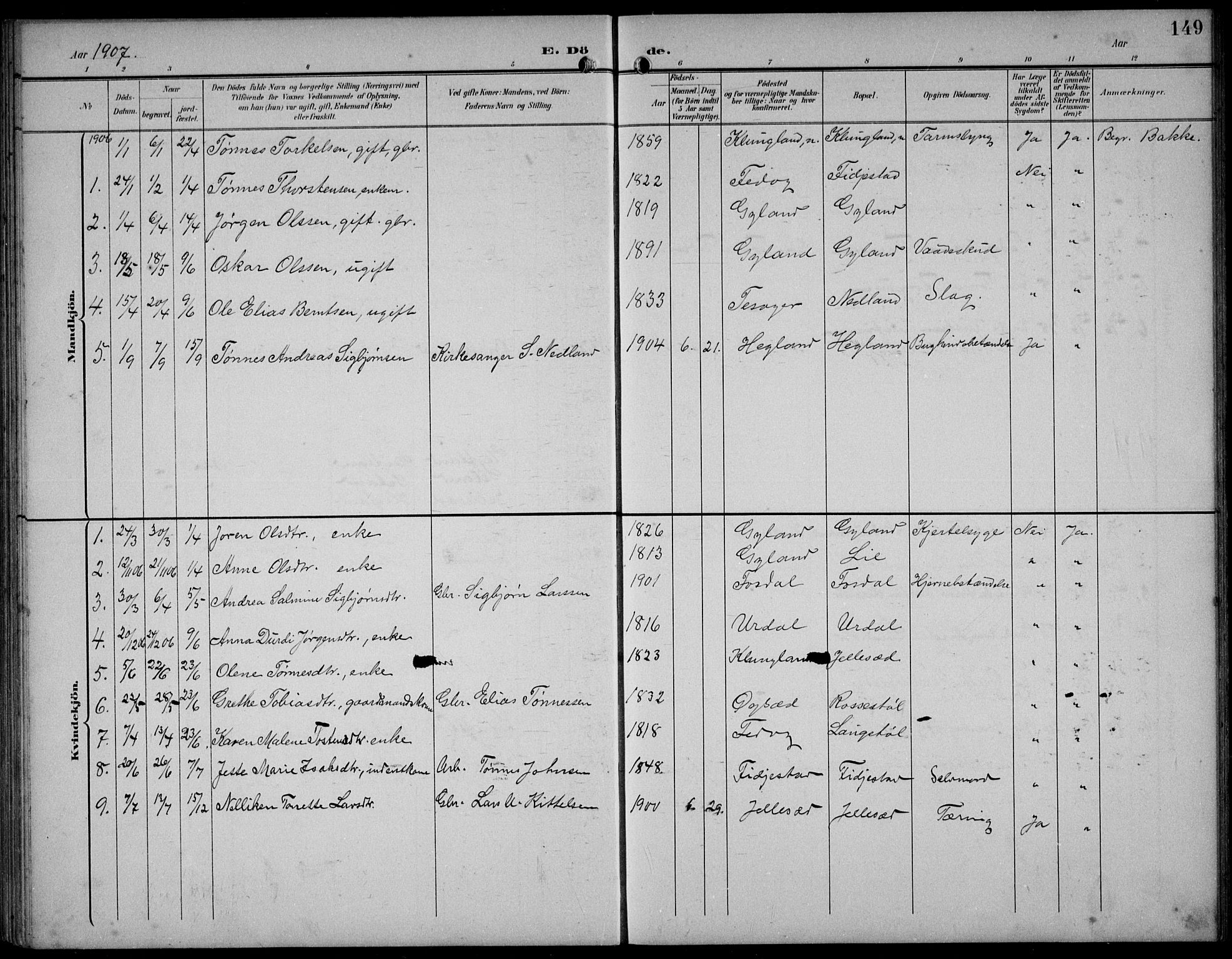 Bakke sokneprestkontor, AV/SAK-1111-0002/F/Fb/Fbb/L0004: Parish register (copy) no. B 4, 1896-1927, p. 149