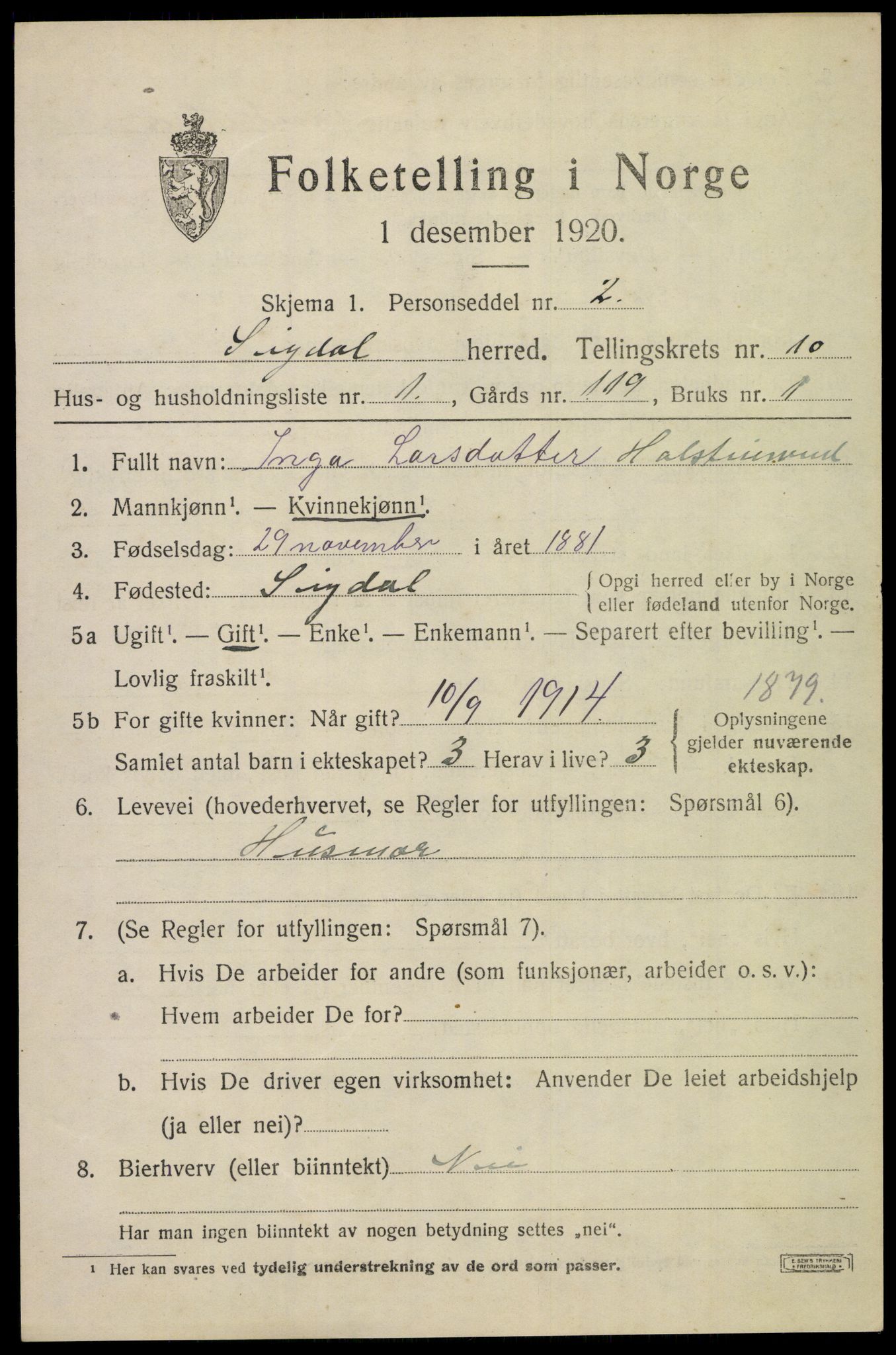 SAKO, 1920 census for Sigdal, 1920, p. 7052