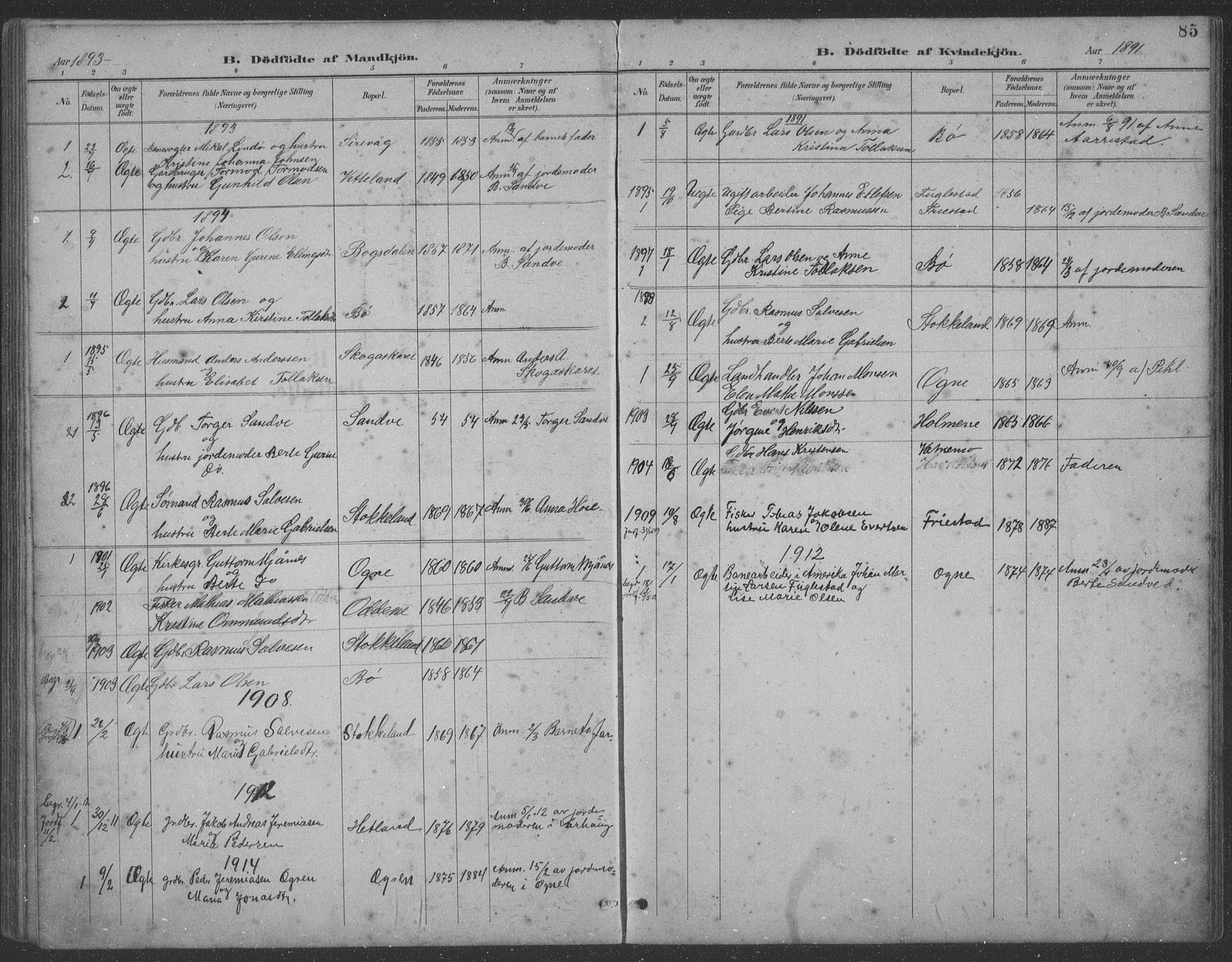 Eigersund sokneprestkontor, SAST/A-101807/S09: Parish register (copy) no. B 21, 1890-1915, p. 85