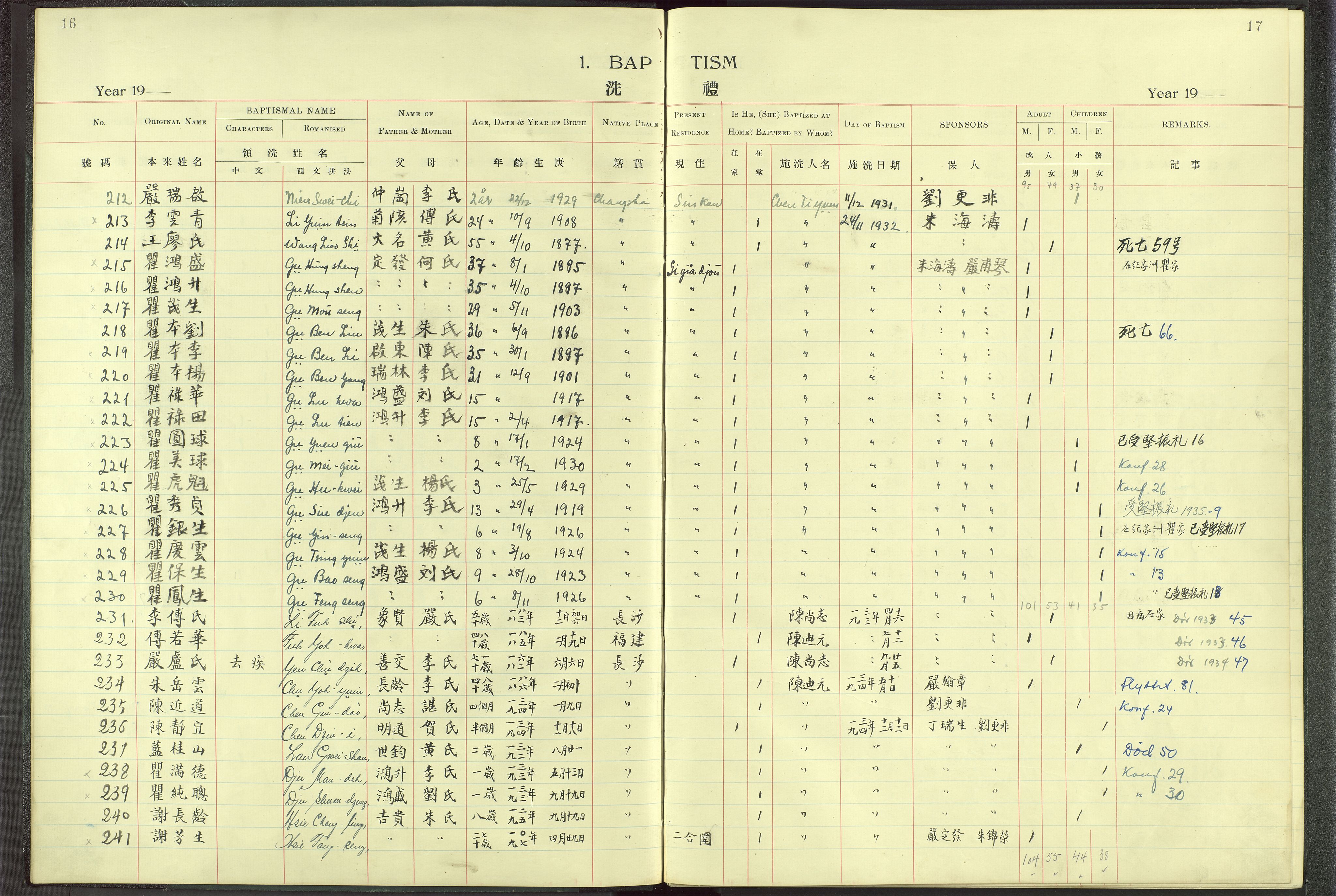 Det Norske Misjonsselskap - utland - Kina (Hunan), VID/MA-A-1065/Dm/L0004: Parish register (official) no. 49, 1913-1948, p. 16-17