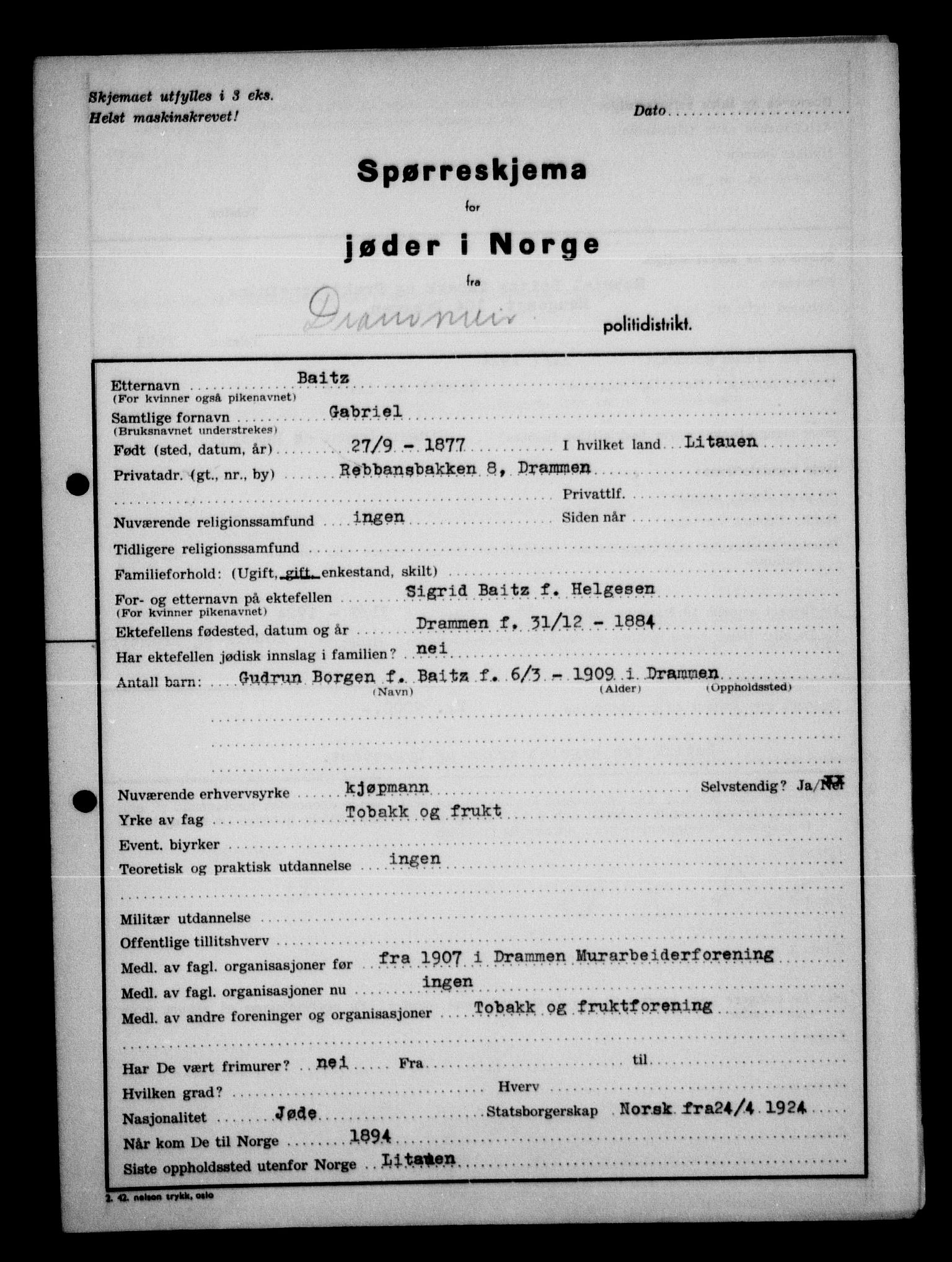 Statspolitiet - Hovedkontoret / Osloavdelingen, AV/RA-S-1329/G/Ga/L0012: Spørreskjema for jøder i Norge. 1: Aker 114- 207 (Levinson-Wozak) og 656 (Salomon). 2: Arendal-Hordaland. 3: Horten-Romerike.  , 1942, p. 378