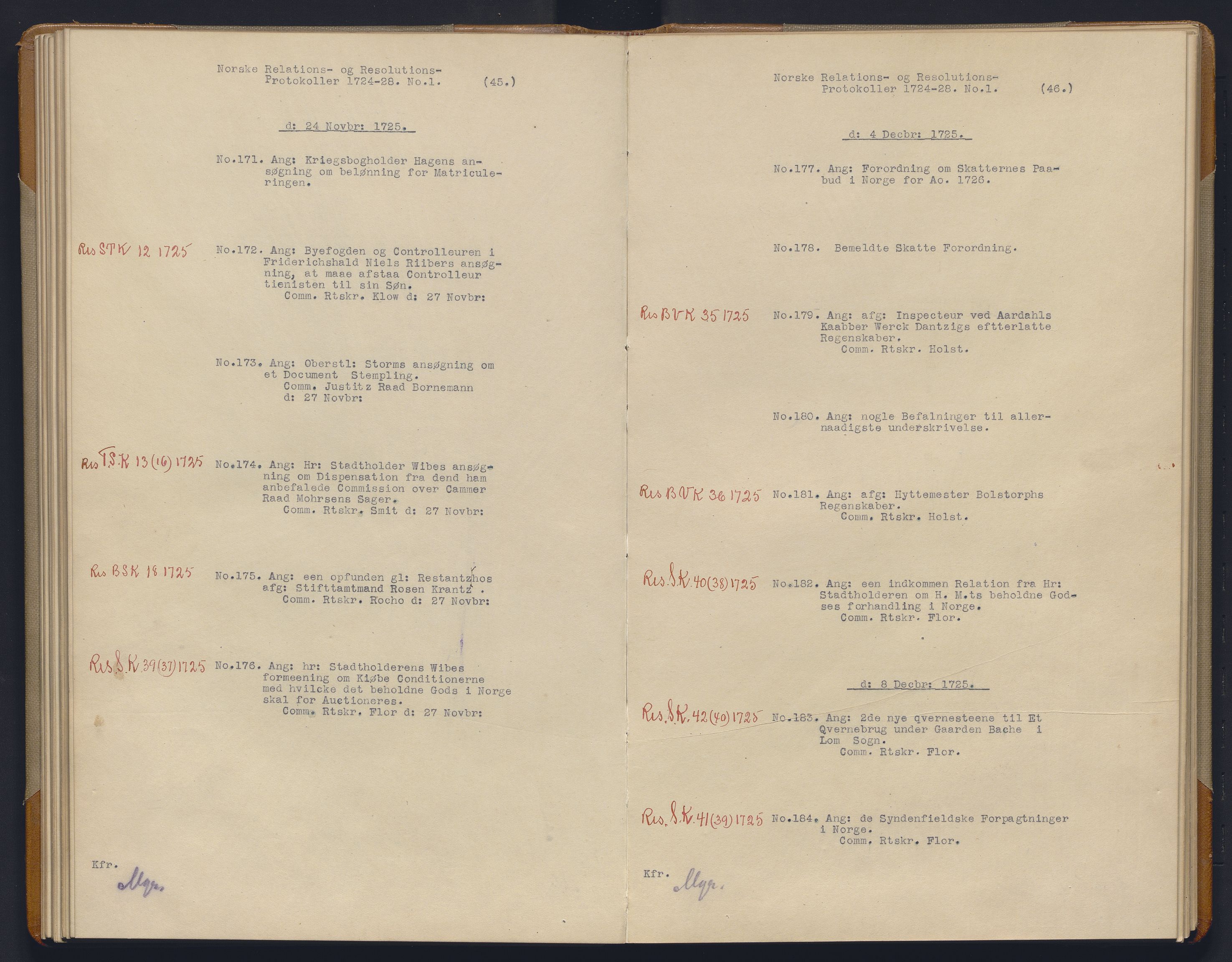 Avskriftsamlingen, AV/RA-EA-4022/F/Fb/L0115: Registratur over norske Relasjons- og resolusjonsprotkoller, 1724-1728, p. 43