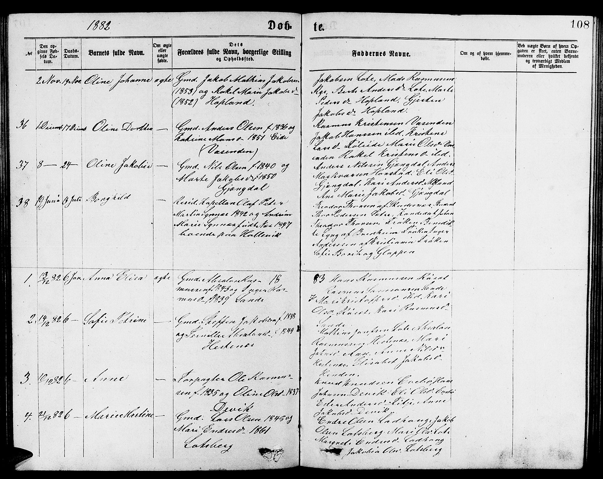 Gloppen sokneprestembete, SAB/A-80101/H/Hab/Habb/L0001: Parish register (copy) no. B 1, 1872-1888, p. 108