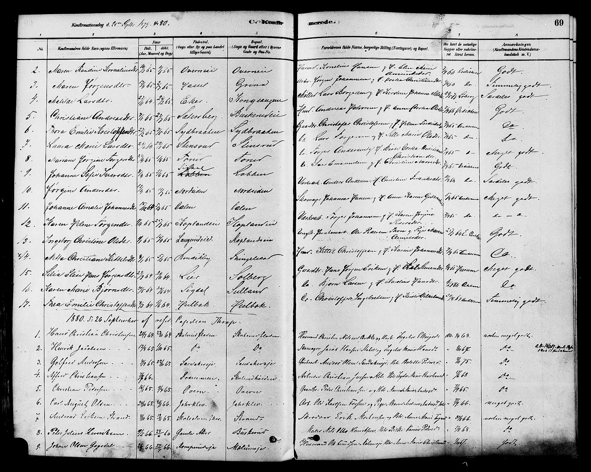 Modum kirkebøker, SAKO/A-234/F/Fa/L0015: Parish register (official) no. 15 /1, 1877-1889, p. 69