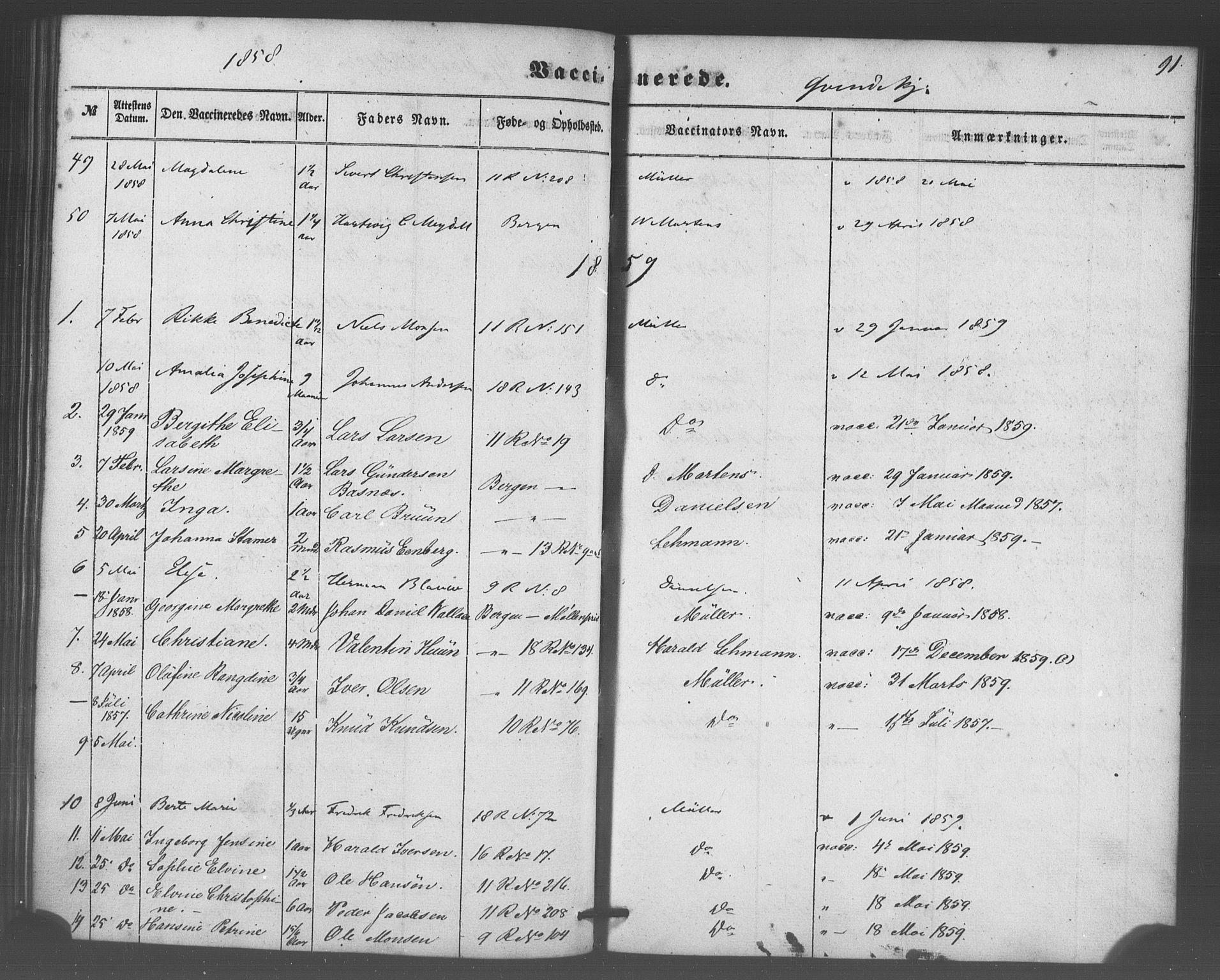 Domkirken sokneprestembete, SAB/A-74801/H/Haa/L0047: Parish register (official) no. F 2, 1852-1868, p. 91