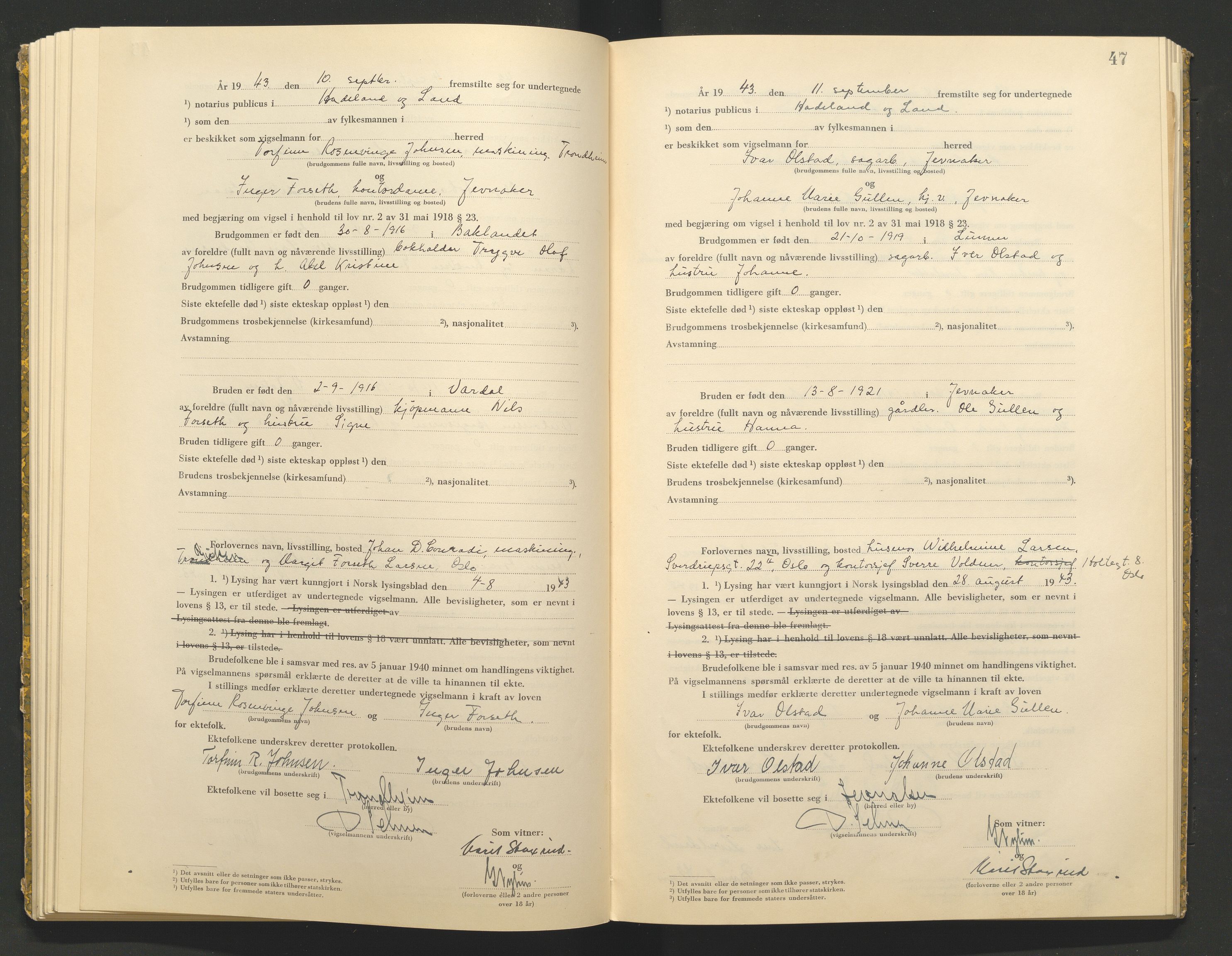 Hadeland og Land tingrett, AV/SAH-TING-010/L/Lb/L0002: Vigselbok, 1943-1944, p. 47